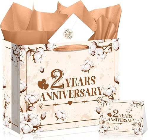 SEYSHAROON 2nd Anniversary Gift Bag Set with Card for Cotton Anniversary