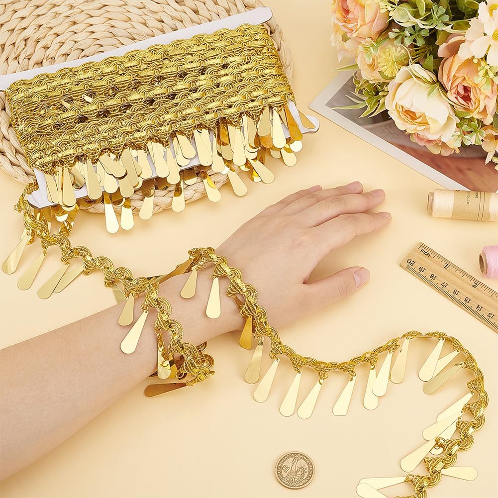 FINGERINSPIRE 10 Yards Sequin Tassel Trim 2-1/4 inch Wide Golden Braided Fringe Tassel Lace Ribbon Trim Polyester Gold Metallic Braided Teadrop-Shape Sequin Fringe Lace Ribbon for Sewing DIY Crafts