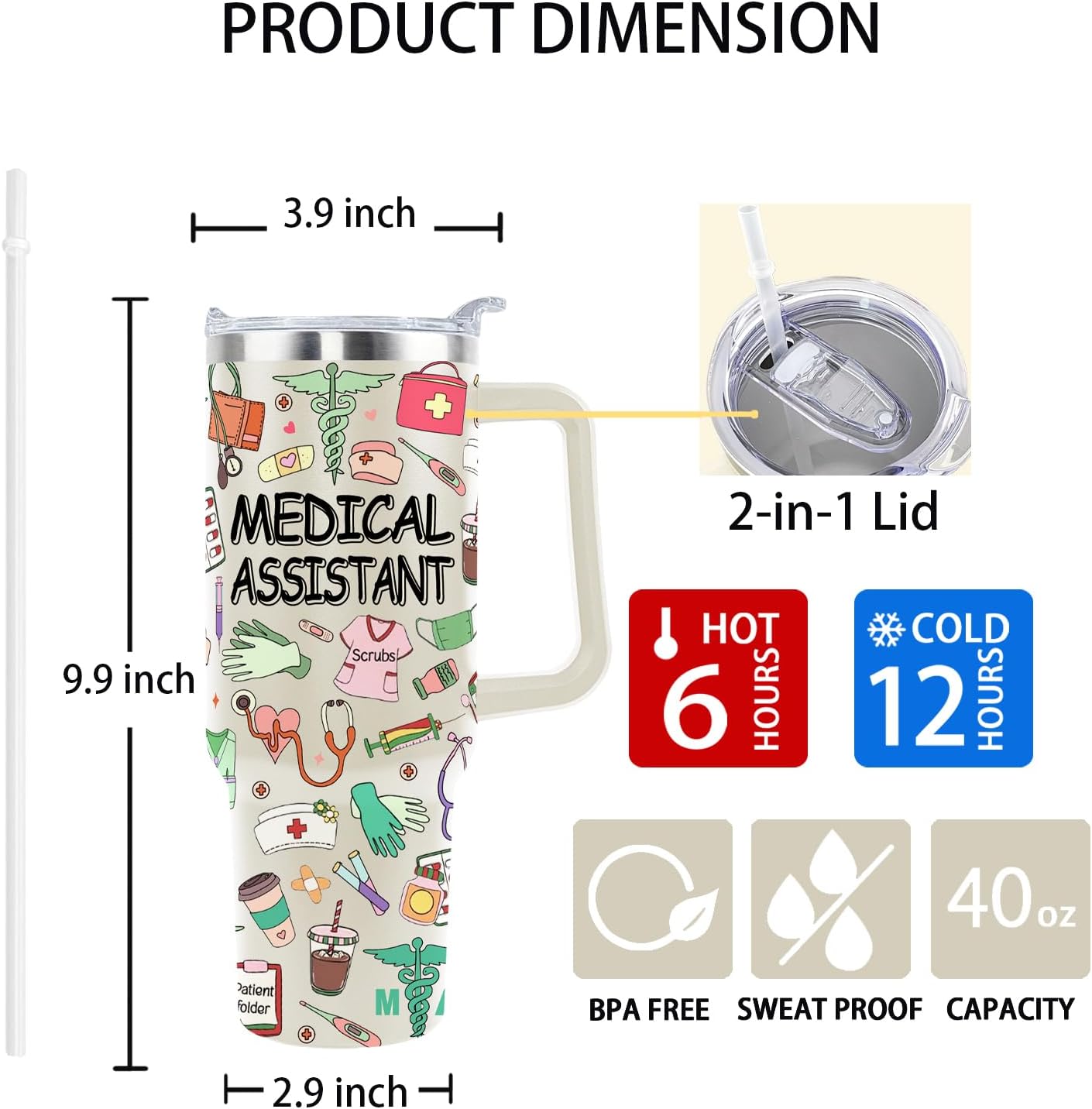 40 Oz Medical Assistant Tumbler Medical Assistant Gifts Stainless Steel Insulated Medical Assistant Travel Cup with Handle CMA Medical Assistant Week Gifts for Women Men - Image 2