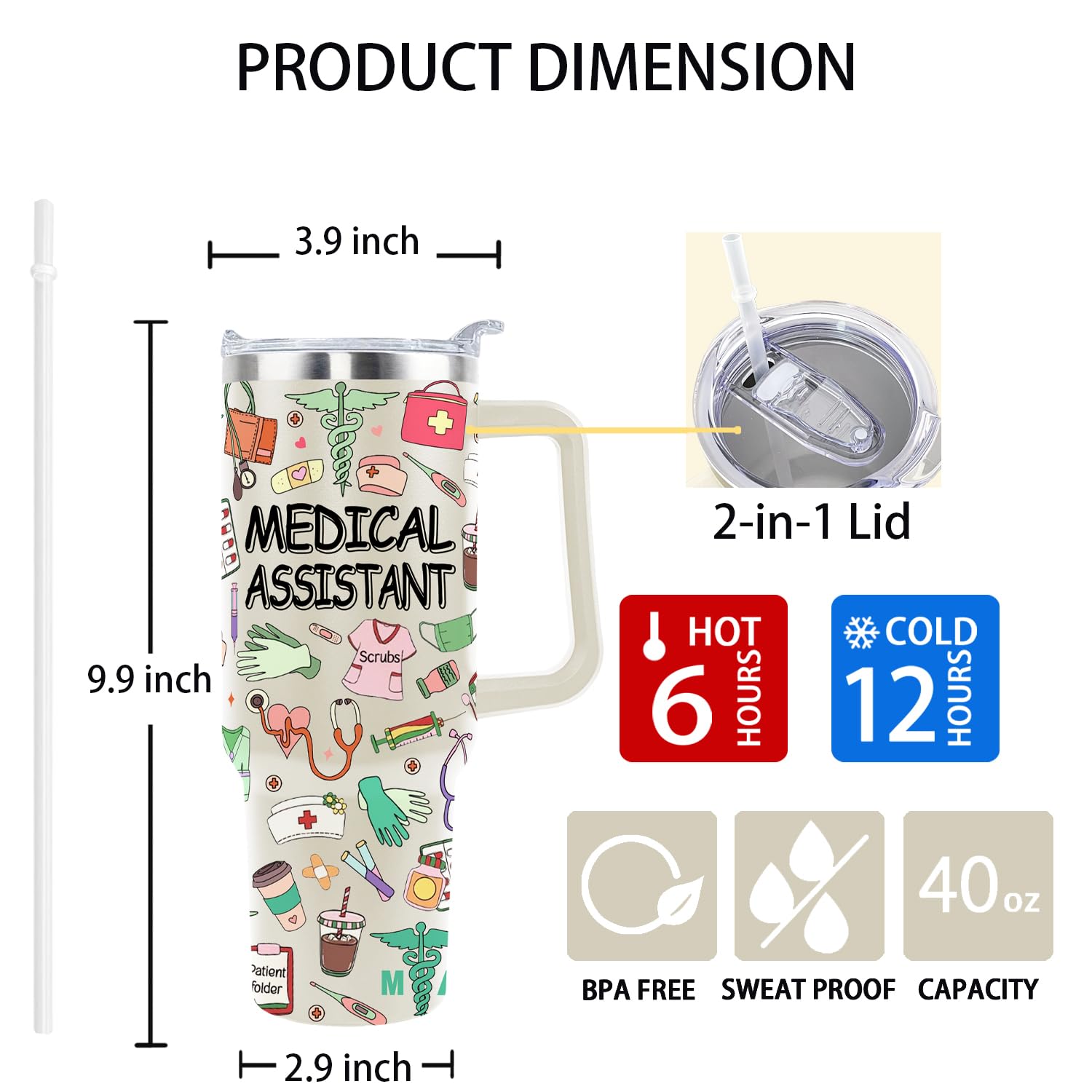 40 Oz Medical Assistant Tumbler Medical Assistant Gifts Stainless Steel Insulated Medical Assistant Travel Cup with Handle CMA Medical Assistant Week Gifts for Women Men