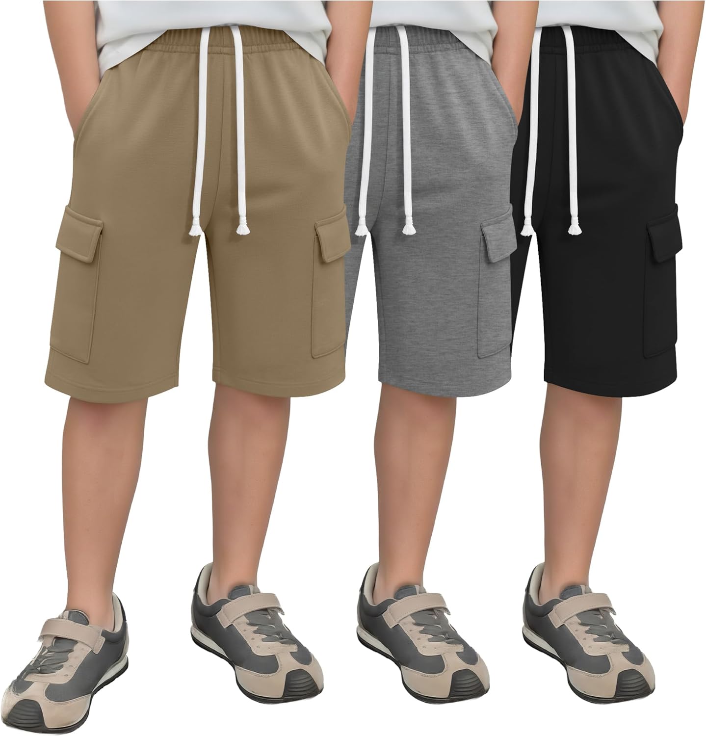 3 Pack Boys Cargo Shorts Bermuda Sweat Shorts with 4 Pockets Youth Athletic Elastic Waist Drawstring for Teen 6-16Y