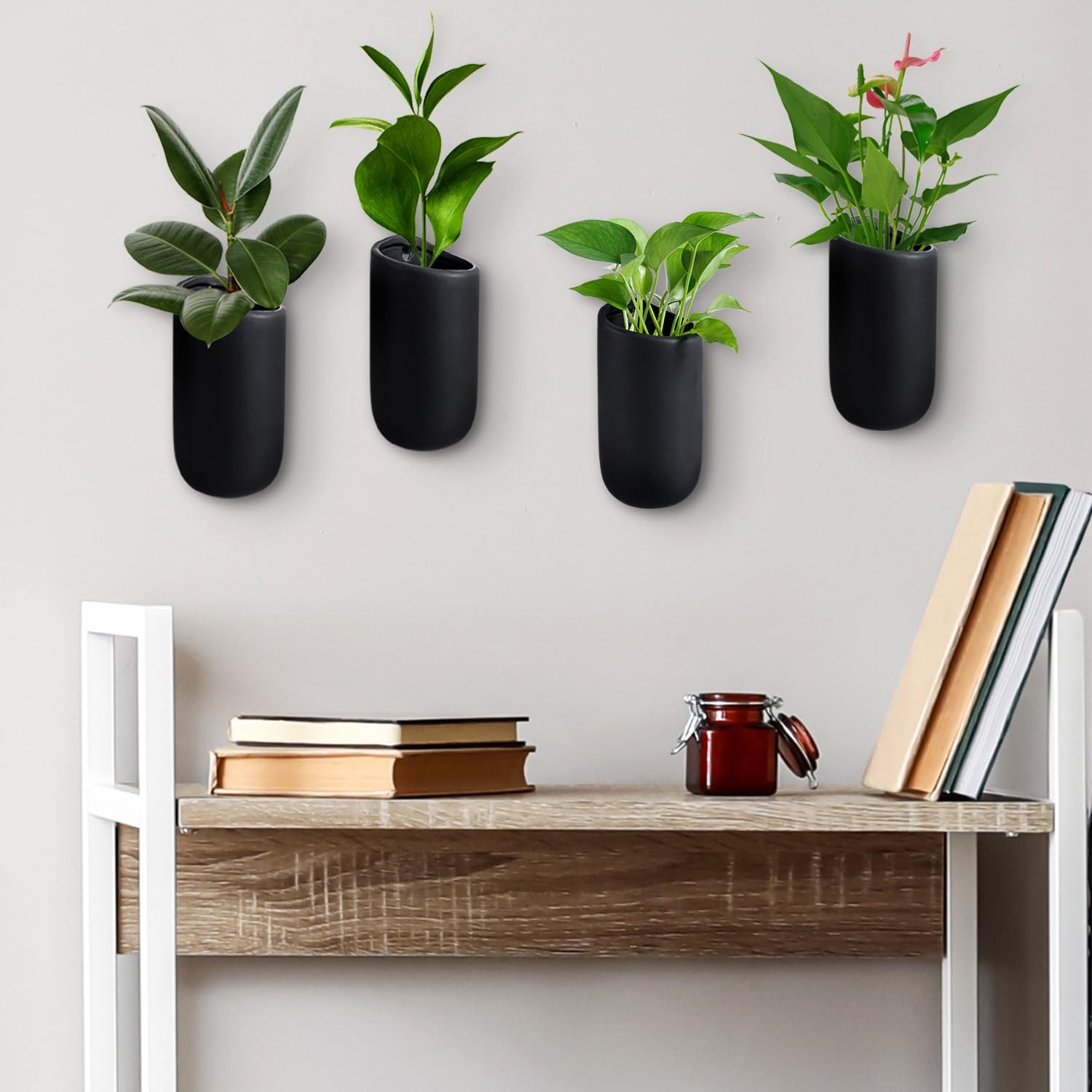 MyGift 7.5 Inch Wall Mounted Modern Matte Black Ceramic Cylindrical Plant Containers, Floating Succulent or Herb Planter Pots, Vertical Hanging Flower Vases, Set of 4