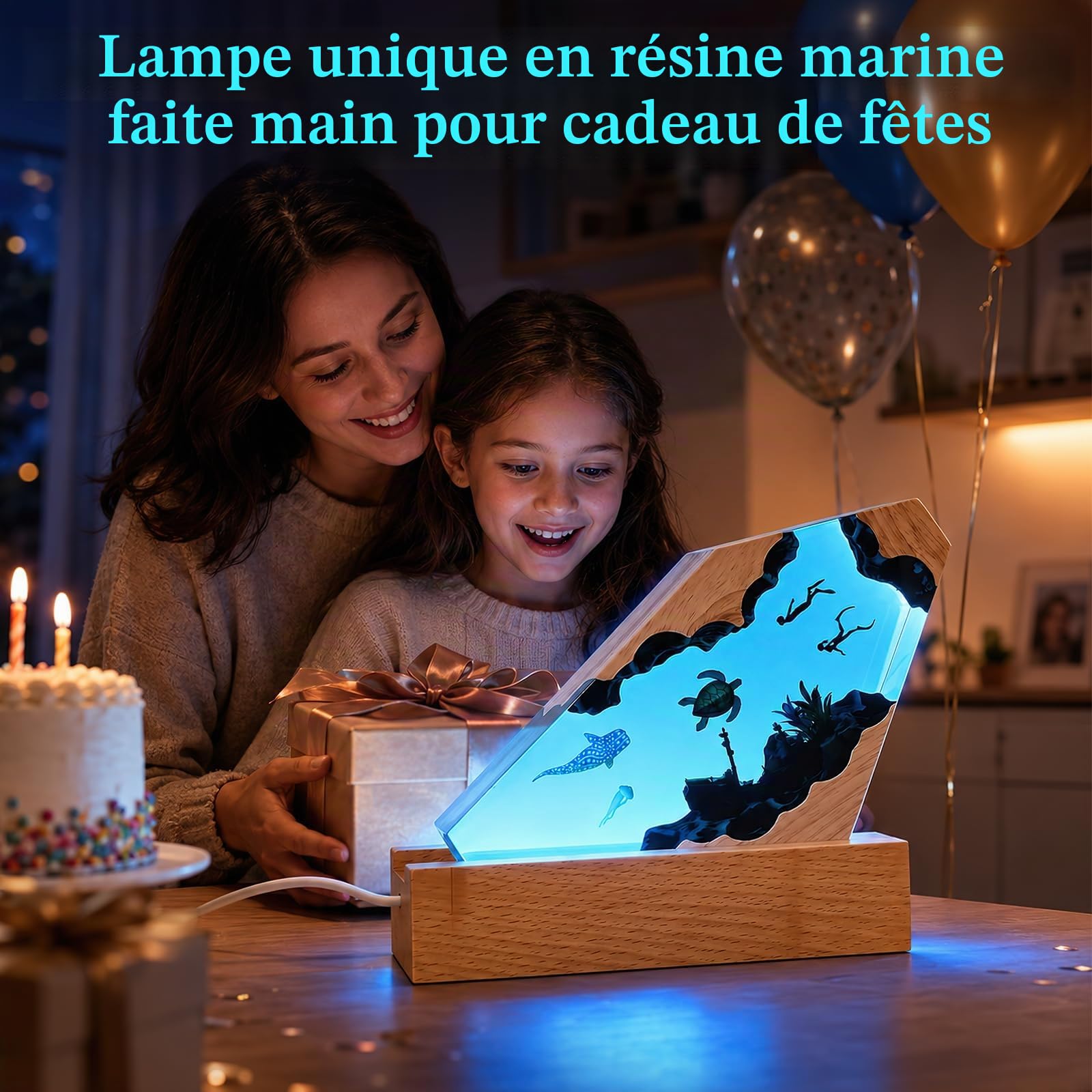Lampe Océan Résine Époxy 3D, Veilleuse RGB 7 Couleurs Dimmable Socle Bois