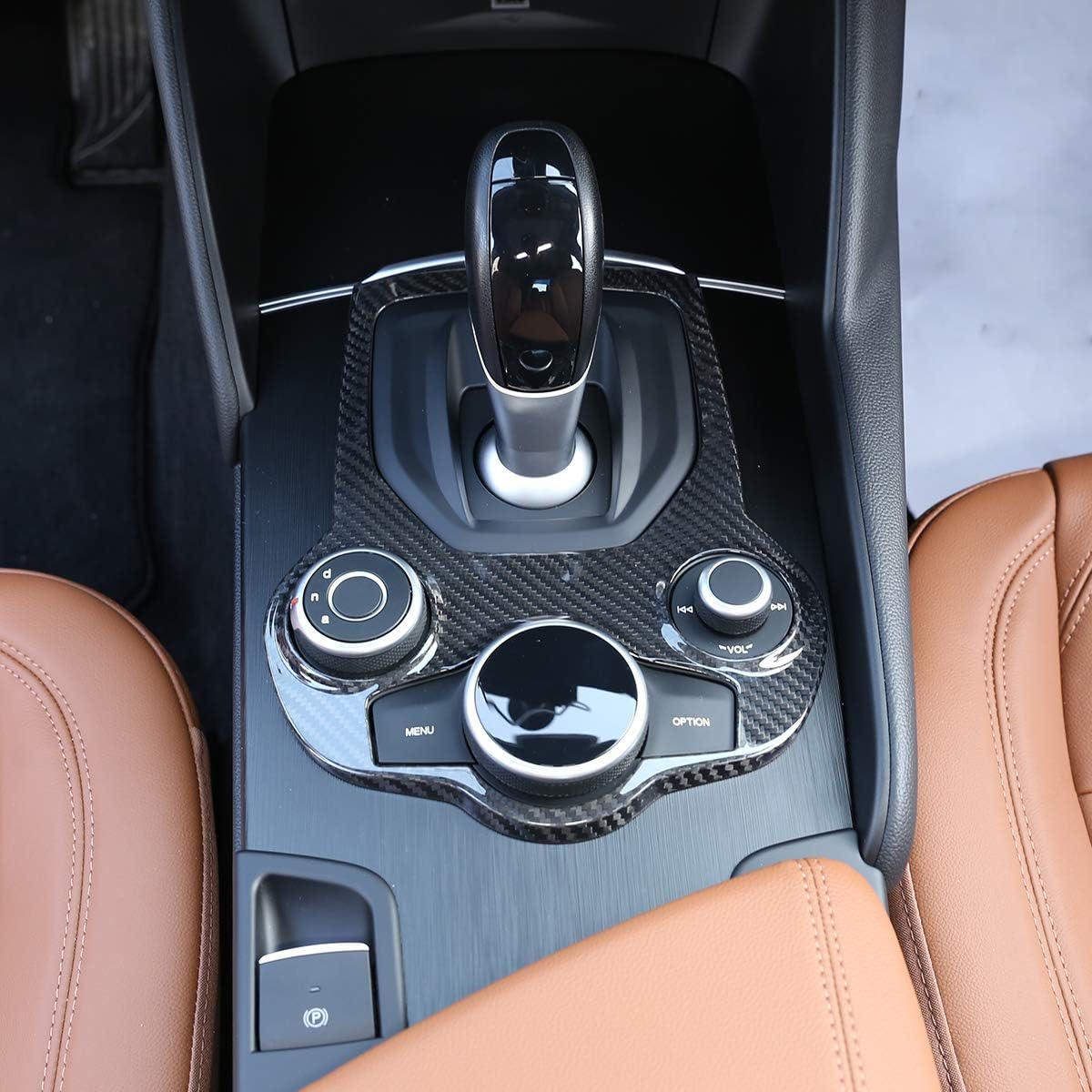 100% Real Carbon Fiber Car Center Console Gear Shift Panel Cover Trim Sticker for Alfa Romeo Giulia Stelvio 2017-2019 (Black, Item 1)