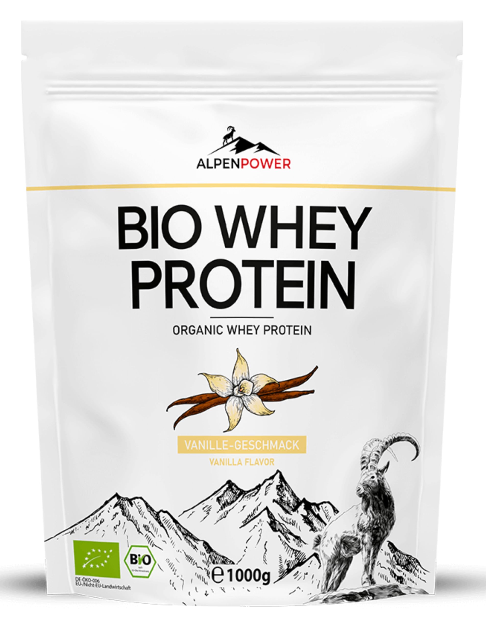 AlpenPower Bio WHEY Protein Vanilla 1 kg – 100% naturalne składniki i bez dodatków – wysokiej jakości białko CFM w proszku z najlepszego ekologicznego mleka alpejskiego