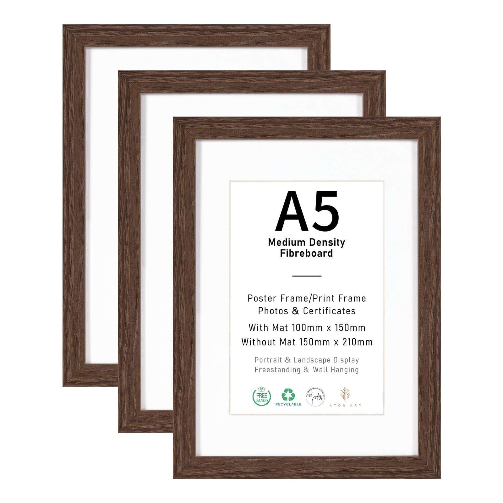 A5/15x21 Picture Frame Set of 3, Display 10x15cm with Mat Images, Brown Natural Wood Photo Frames for Wall Mounting or Table Top Display — image 1