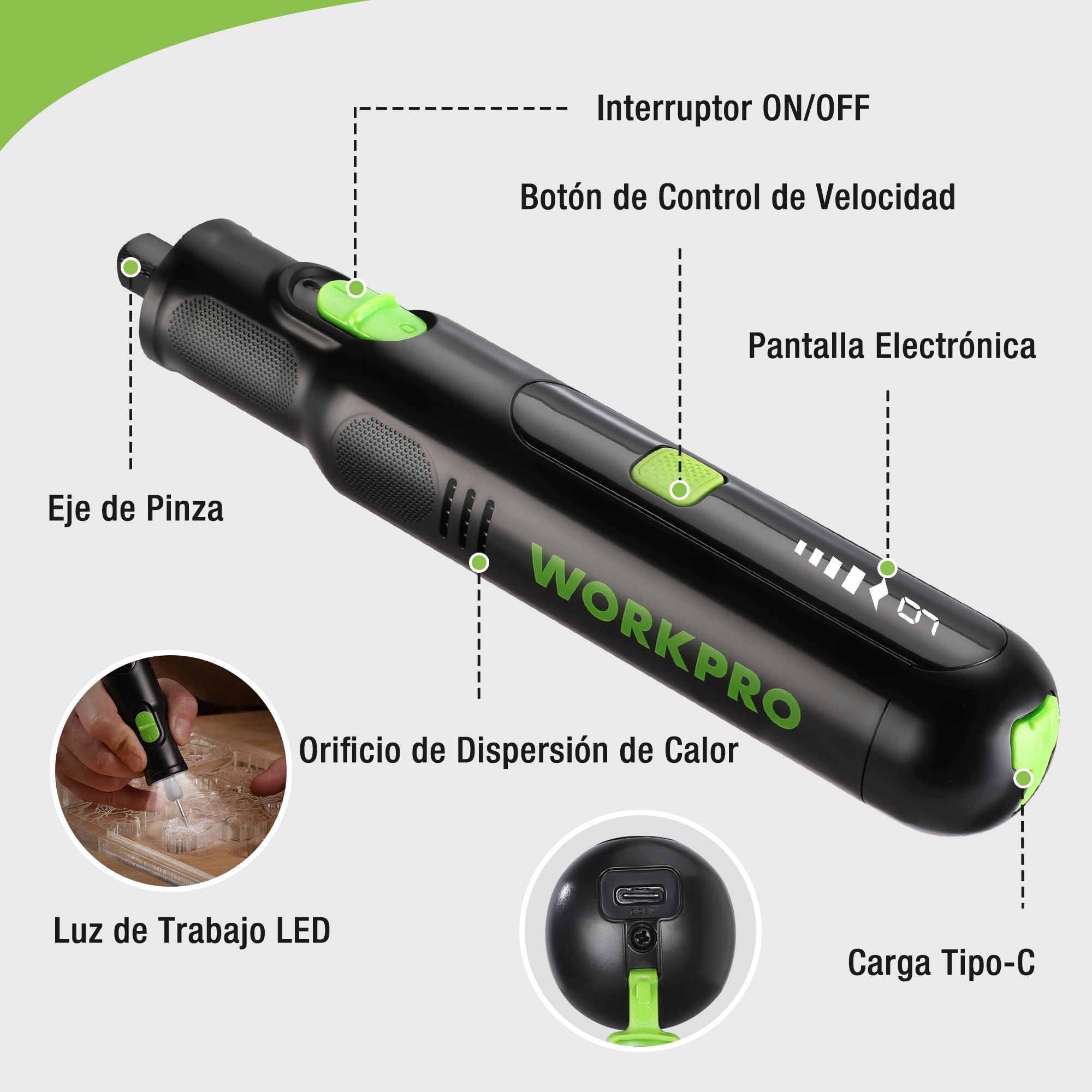 WORKPRO Amoladora Inalámbrica 7,2V, Multiherramienta con 117 Accesorios, Herramienta Rotativa con 6 Velocidades Variables 30000 RPM, Bolsa de Almacenamiento, para Cortar, Esmerilar, Grabar, Perforar | Herramienta Rotativa con 6 Velocidades Variables 30000