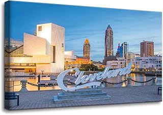 Pacimo Canvas Print Wall Art Cleveland City Landmark Modern Walls Decoration for Living Room Bedroom Office Ohio Cityscape Pictures Painting Artwork Framed Ready to Hang 12"x18"