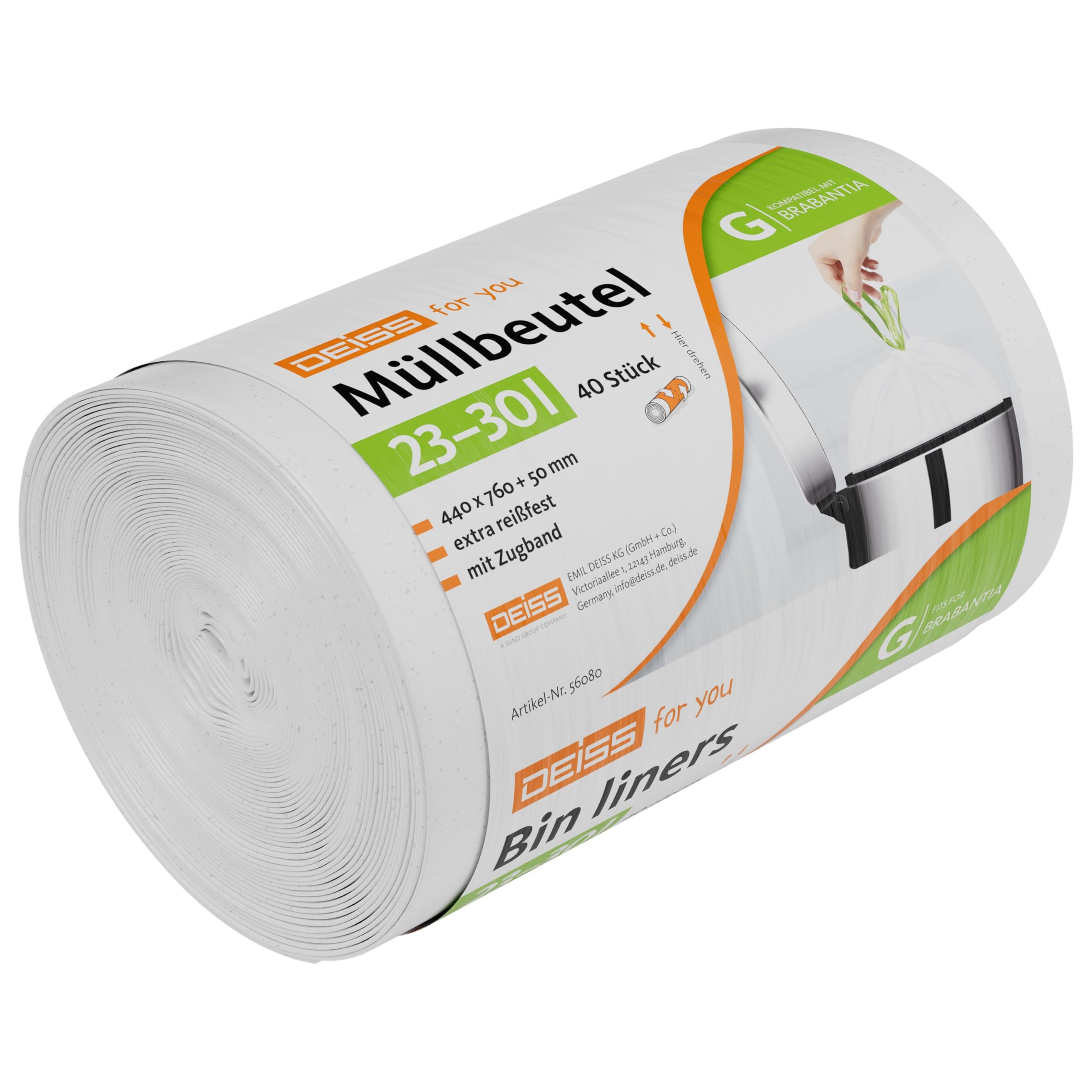 DEISS Bin Liners 23-30 Litre for Brabantia Touch Bin (Size G), Pack of 40.
