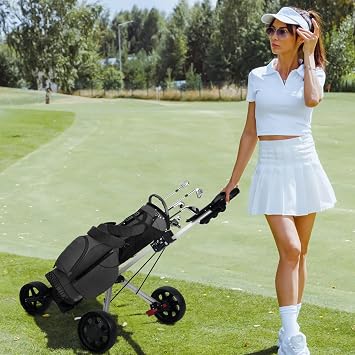 Golf Push Cart 3 Wheel Golf Bag Cart,Folding Golfs Pull Cart with Foot Brake Mechanism, Compact Push Carts Easy to Fold Golfs Trolley, Boy Caddy Pushs Carts for All-Terrain, Black