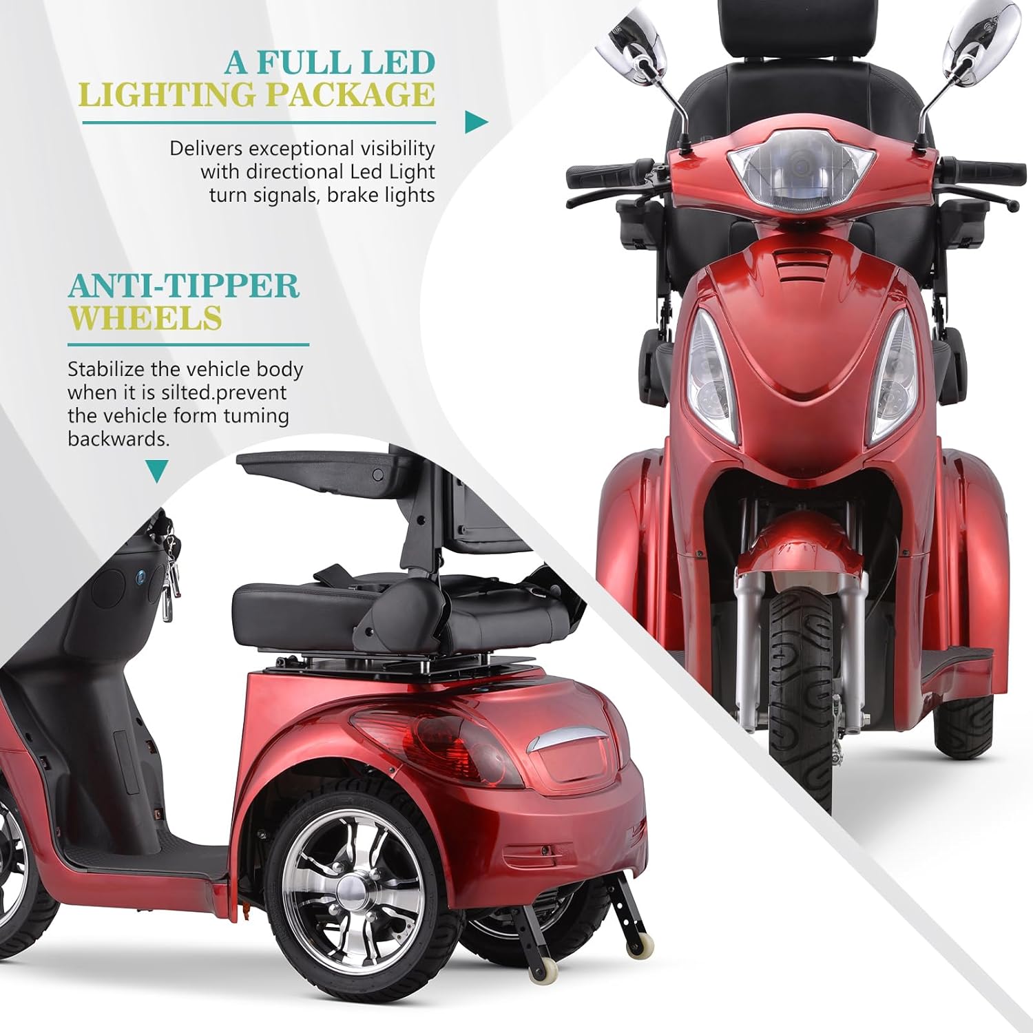 SUNDERWELL mobility scooter highlighting LED lighting and anti-tipper wheels.