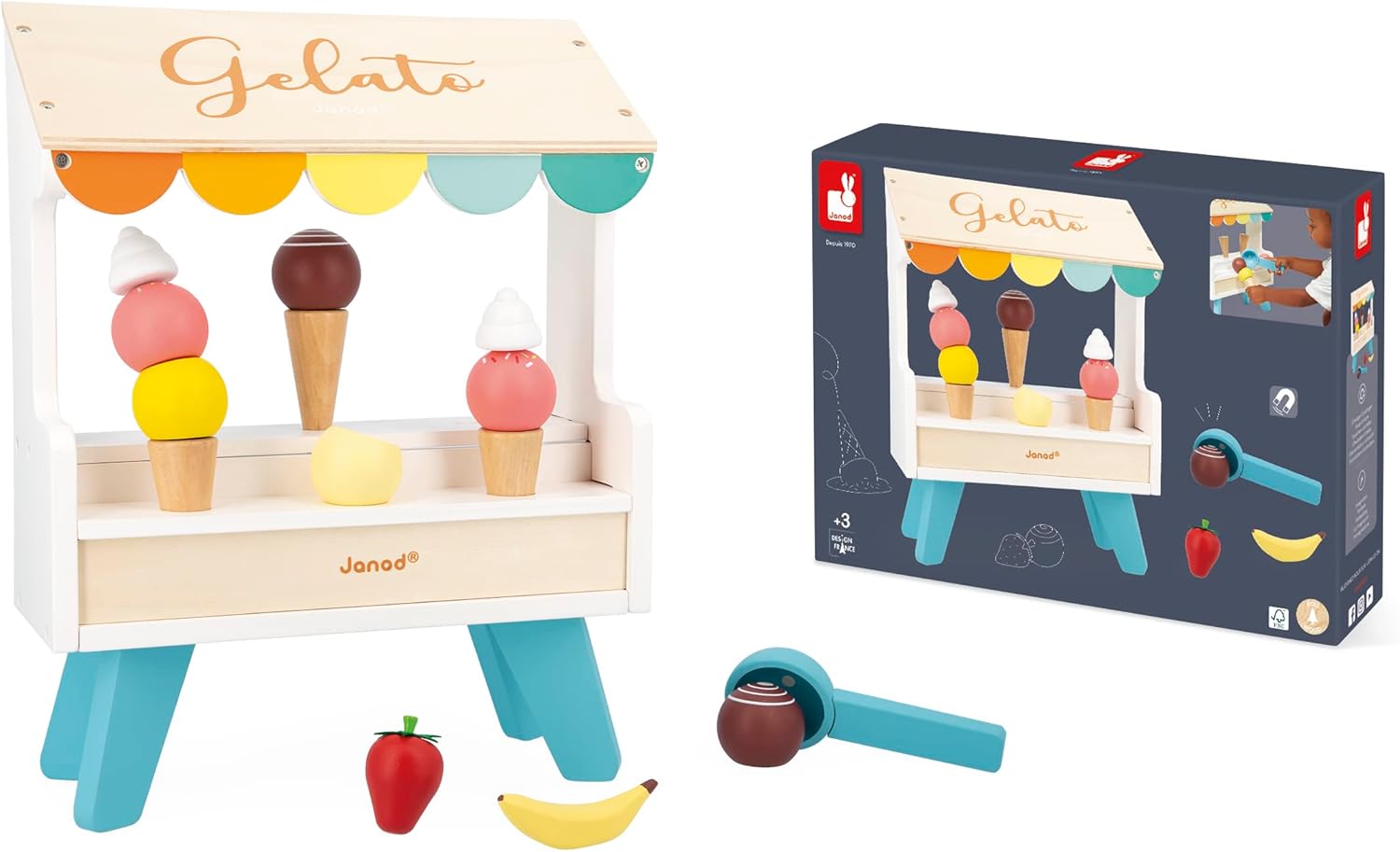 Janod Serve and Scoop Ice Cream Gelato Stand - 15 Piece Wood Magnetic Play Food Set - Includes Ice Cream, Magnetic Scoop, and Toppings- Pretend Play Set - Ages 3-5 Years - J06558
