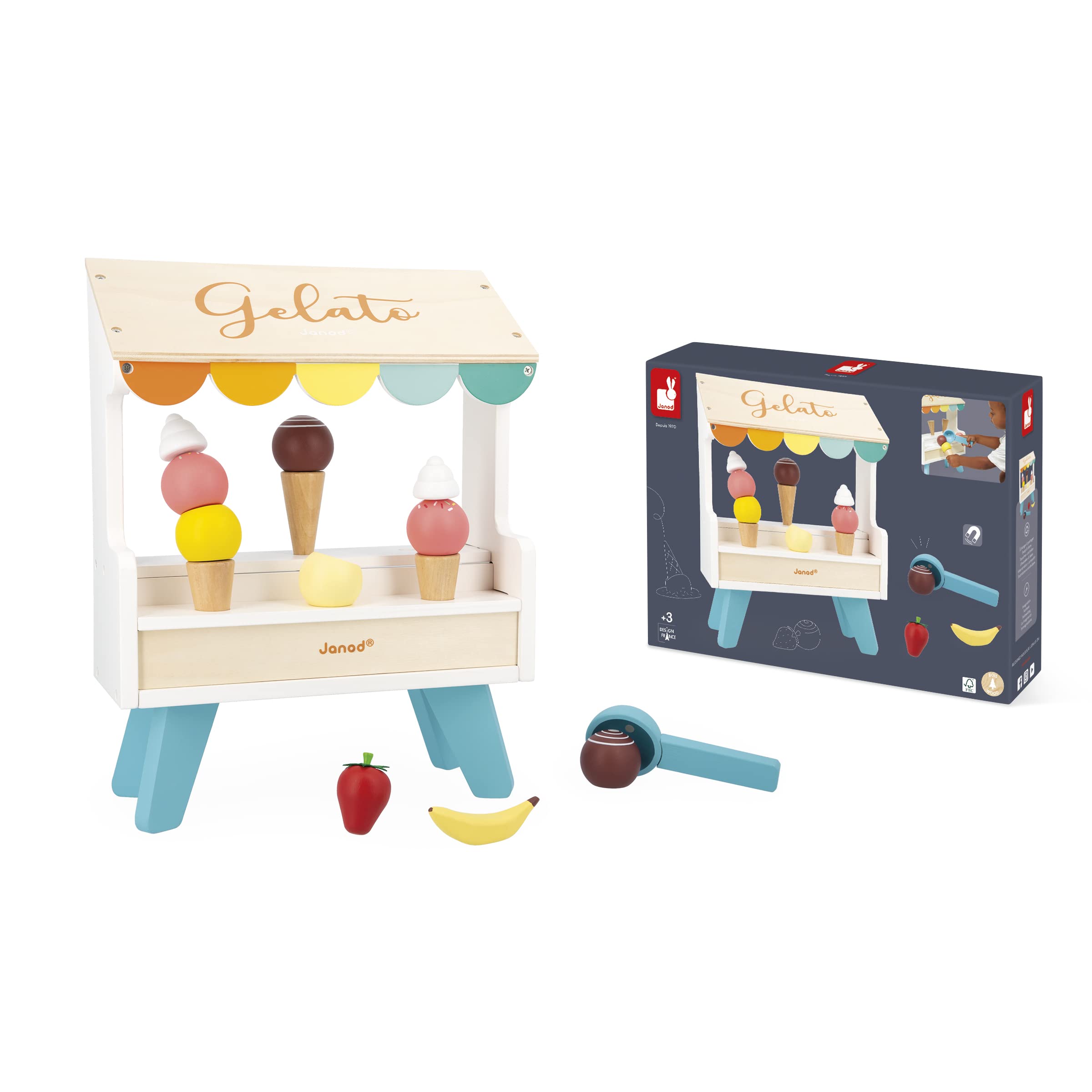 Janod - Puesto de Helados de Madera - 14 Accesorios Magnéticos - Juego de Imitación - Juguete de Madera FSC - A Partir de 3 Años, J06558
