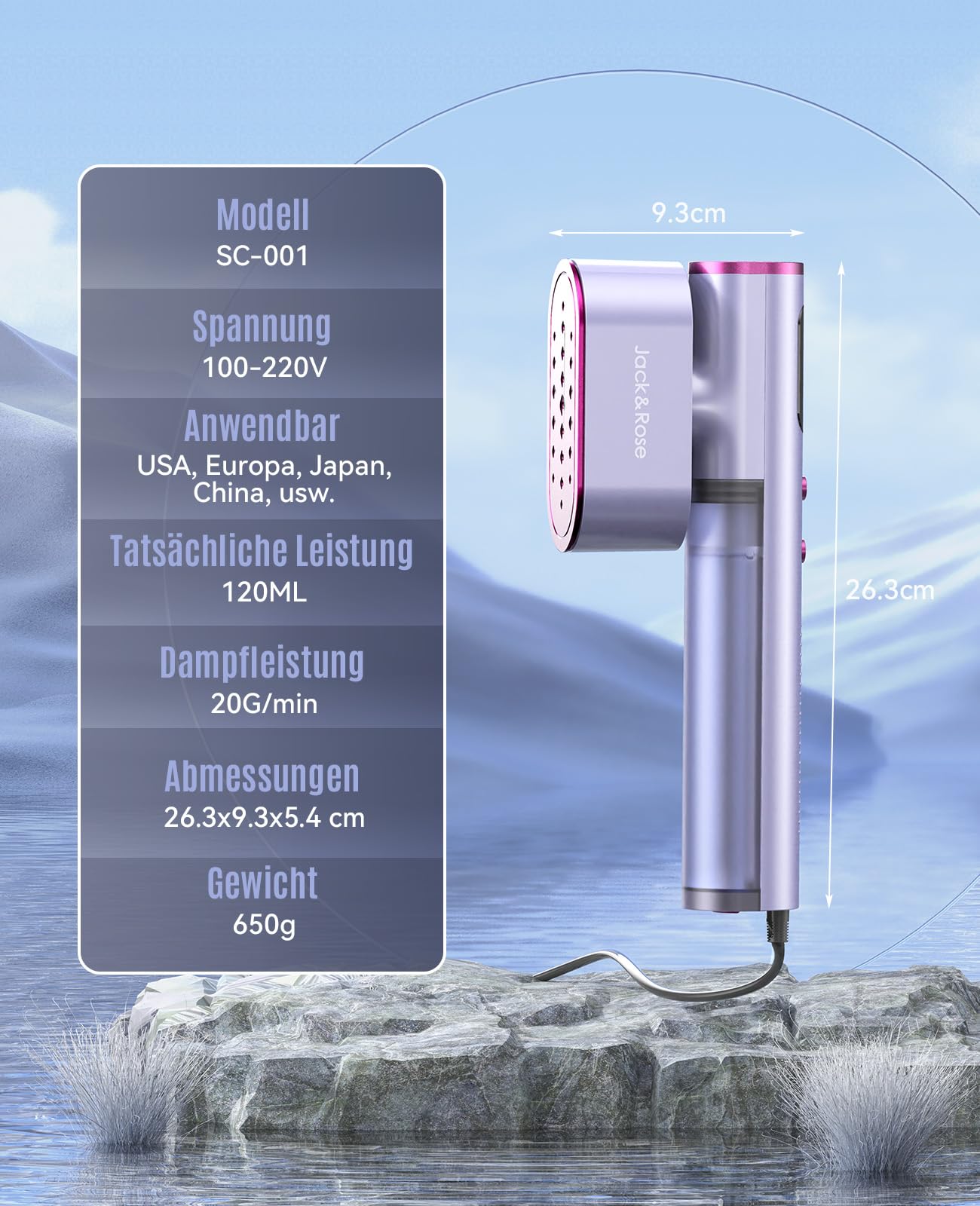 Reise Dampfglätter mit weltweiter Spannung 100-240V Tragbare Steamer für Kleidung, 2-in-1 Reisebügeleisen 1000W Steam iron, schnelles Aufheizen Steamer dampfglätter für Globale Reisen Lila