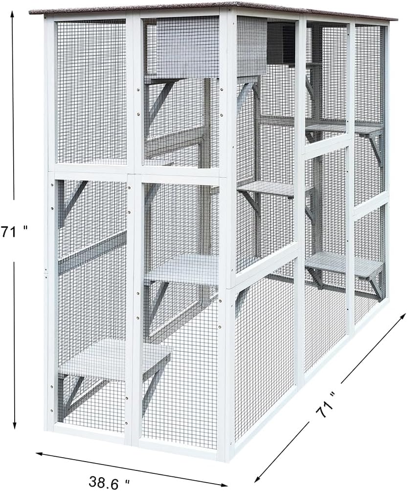 review Large Solid Wood Cat Catio, 4 Tiers Kitty Enclosures Pet House with Enter Door, 8 Jumping Platforms & 2 Napping Houses, Weatherproof Outdoor Cat Cage Condo Indoor Playpen 71