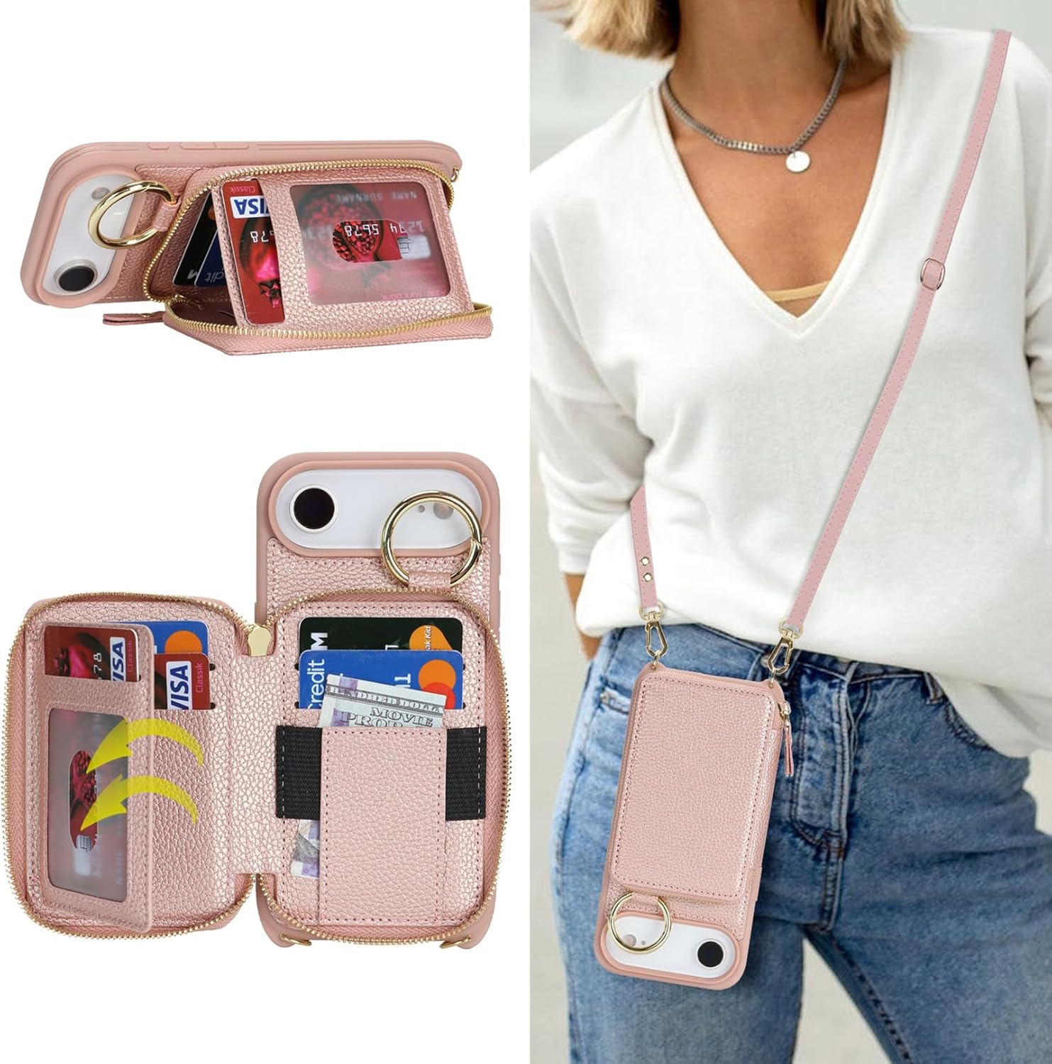 Jaorty Crossbody Wallet Case for iPhone Air with Shoulder Stap,Finger Ring, PU Leather Zipper Handbag Purse Flip Cover, Kickstand Folio Case with Card Slots Holder 5G 6.6 Inch, Rosegold