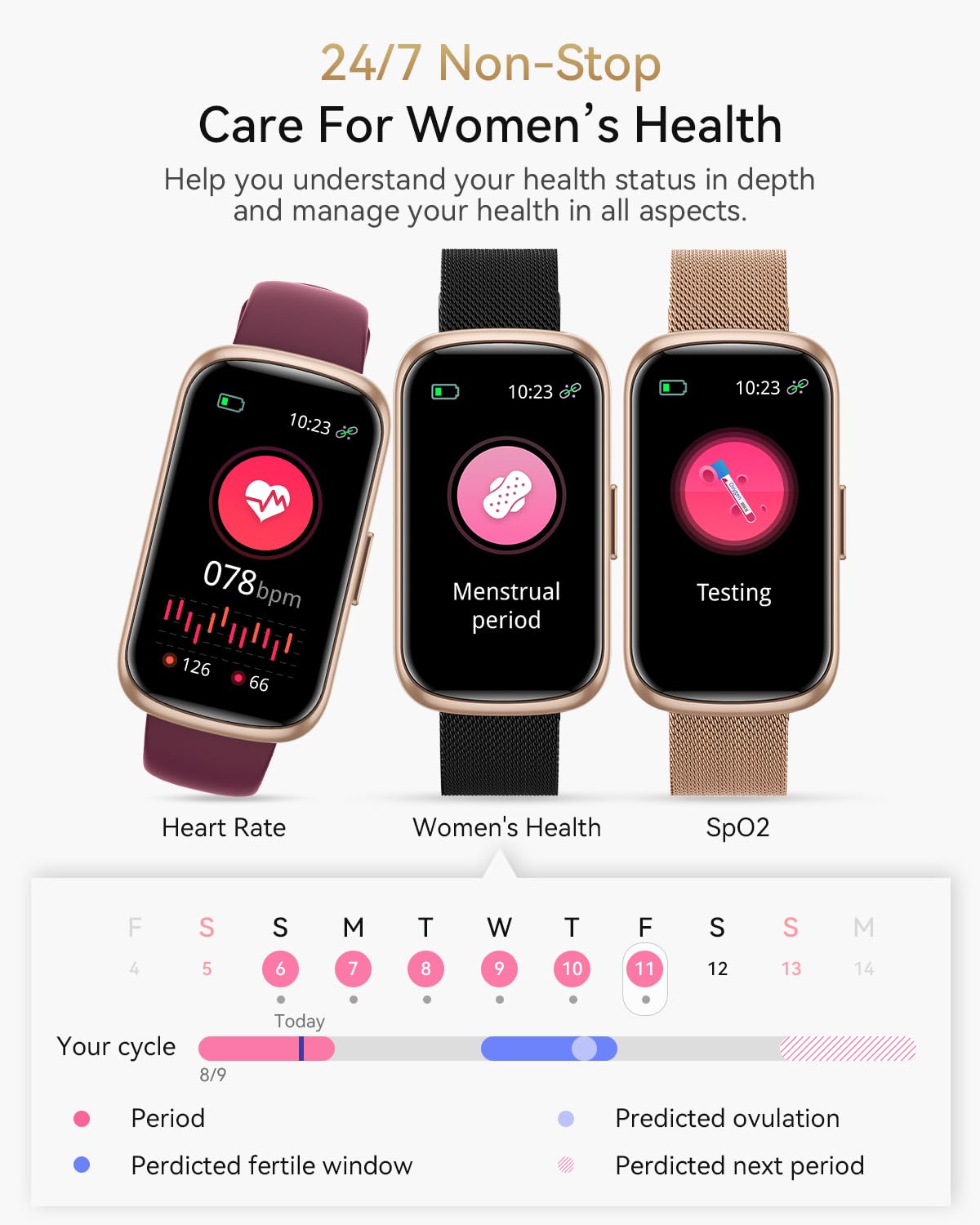 RUXINGX Smartwatch Donna, Orologio Contapassi con 24 Sport, 24H Cardiofrequenzimetro, SpO2, Ciclo Mestruale, Sonno, IP68 Orologio Fitness Activity Tracker Notifiche, Smartband per Android iOS Nero Oro