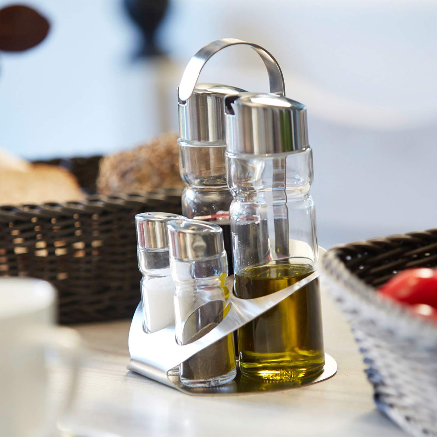 Westmark Ampolliera per sale, pepe, olio e aceto, 5 pezzi, Capacità: 2x 40 ml/2x 160 ml, Acciaio inox/Vetro, Wien, Argento/Trasparente, 65052260