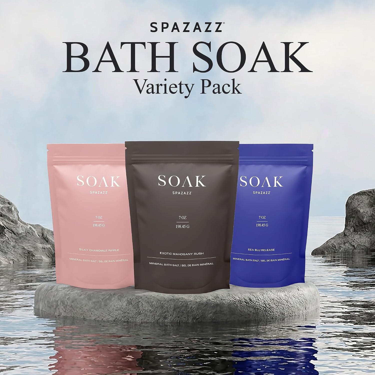 Spazazz Soak Bag Gift Set – 7oz Exotic Mahogany Rush, Silky Chamomile Ripple & Sea Blu Release Aromatherapy Bath Soak with Bath Salt Scoop, Tumbler, Straw & Mini Beach Ball