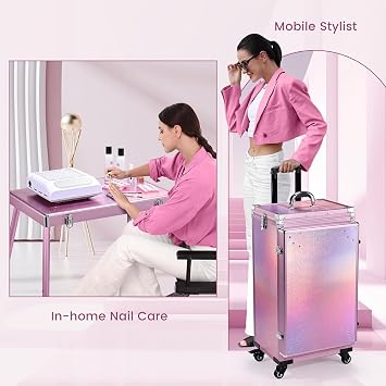 Joligrace Makeup Case Vanity Case Large Make Up Box Makeup Trolley on Wheels Beauty Box with 5 Drawers Portable Manicure Nail Table Make Up Organiser Storage, Pink