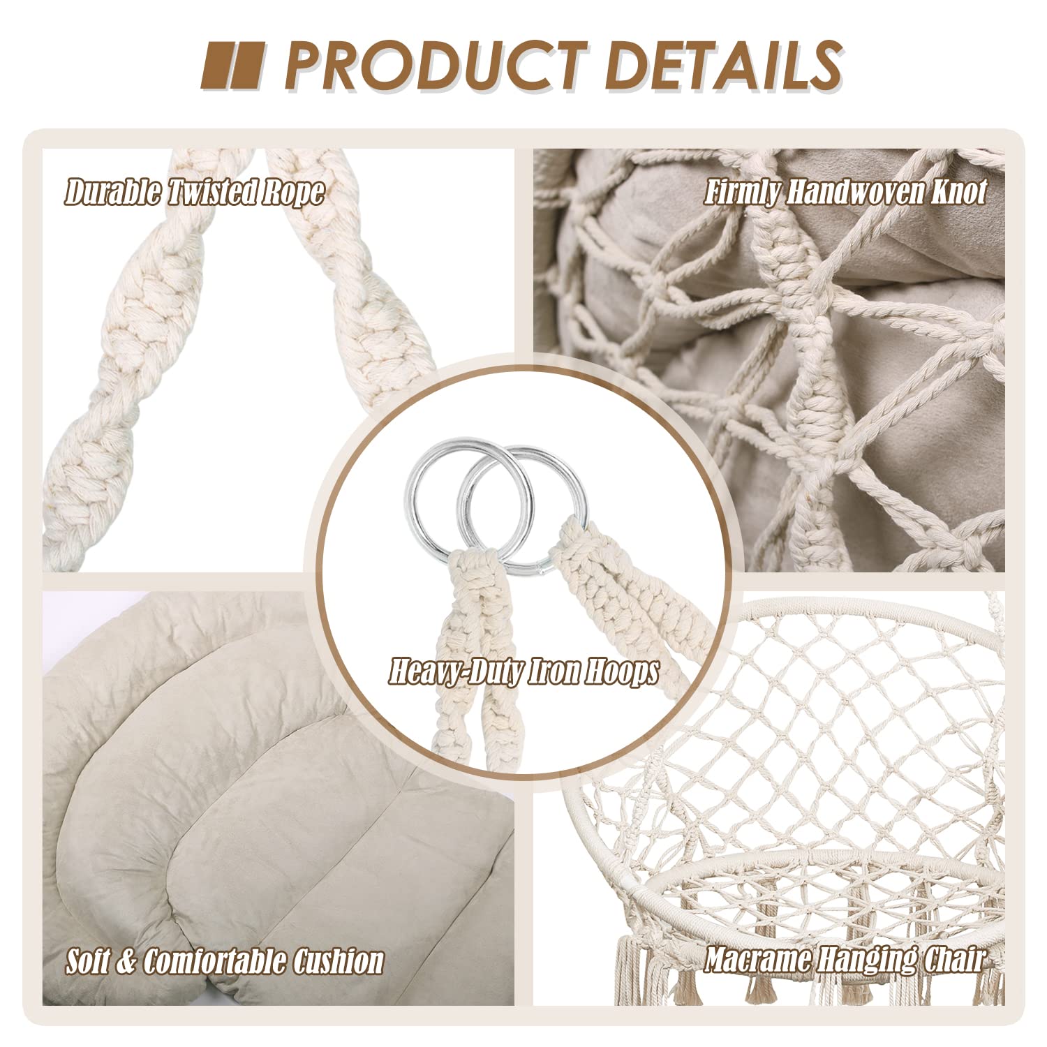 Bathonly Poltrona Sospesa, Portata 150 Kg, in Cotone con Cuscino, Sedia a dondolo in Macramè, Fatta a Mano con Kit di Accessori per Appendere, BohéMien, Giardino, Interni & Esterni, Beige