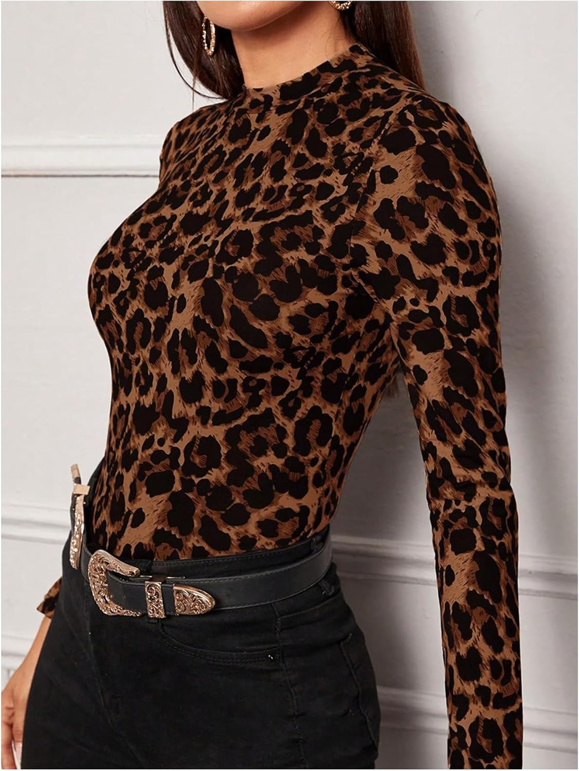 Floerns Women's Long Sleeve Mock Neck Slim Snakeskin T-Shirt Tops - Image 2