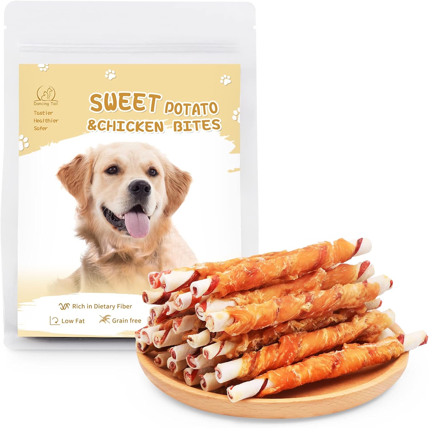 Dancing Tail Dog Treats Chicken Wrapped Rawhide Sticks, Long Lasting Dental Teeth Dog Calming Twist Chews Sticks for Puppy Medium Large Dogs