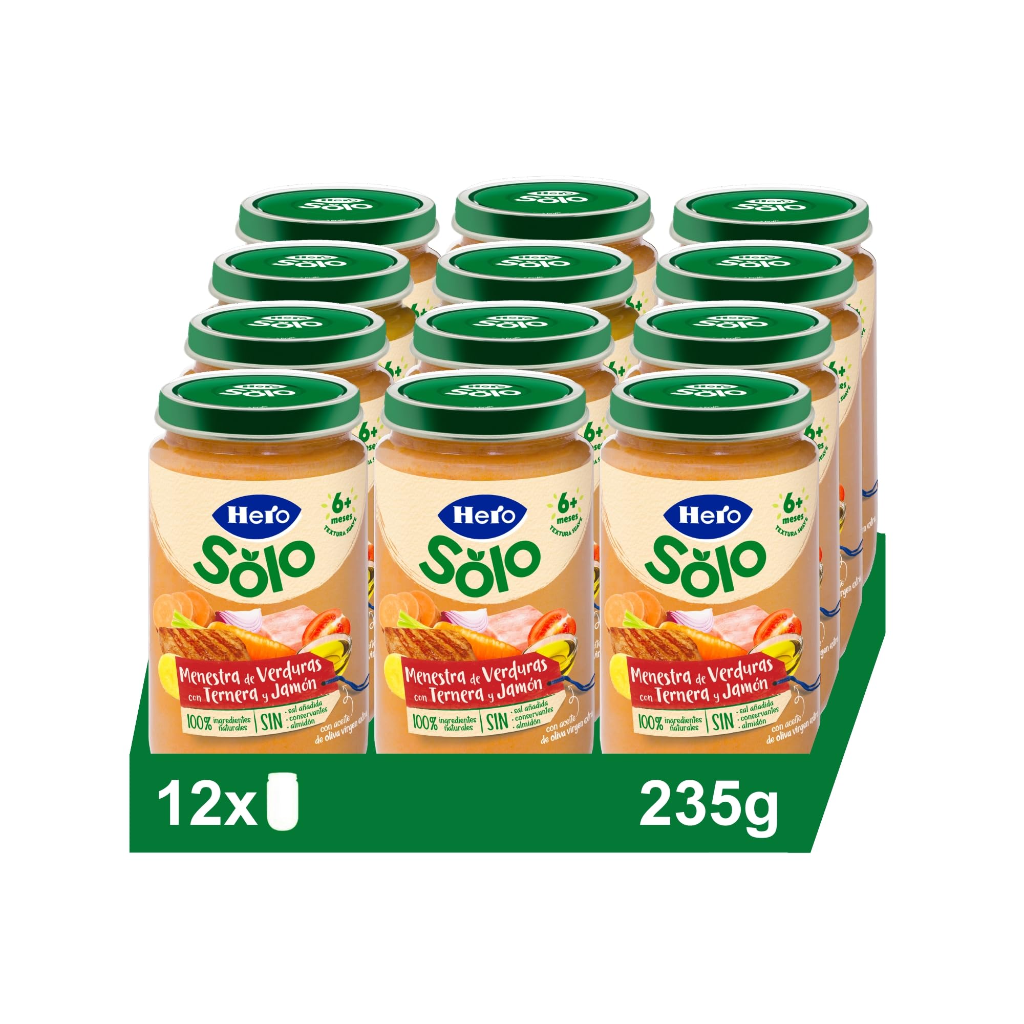 Hero Baby Tarrito Infantil Menestra de Verduras con Ternera y Jamón, Sin Aceite de Palma, 235 g (Paquete de 12)