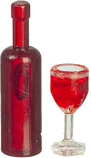 Dollhouse Red Wine Bottle & Full Glass Miniature Dining Room Pub Accessory