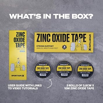 SPORTTAPE Zinc Oxide Sports Tape, 3 Rolls - 3.8cm x 10m, Rigid Strapping