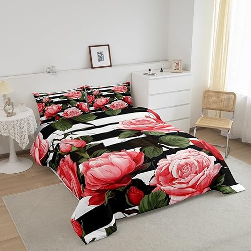 Miniatura 2 de Erosebridal Juego de edredón de flores rojas y rosas, juegos de ropa de cama a rayas blancas y negras, relleno de edredón floral botánico, edredón