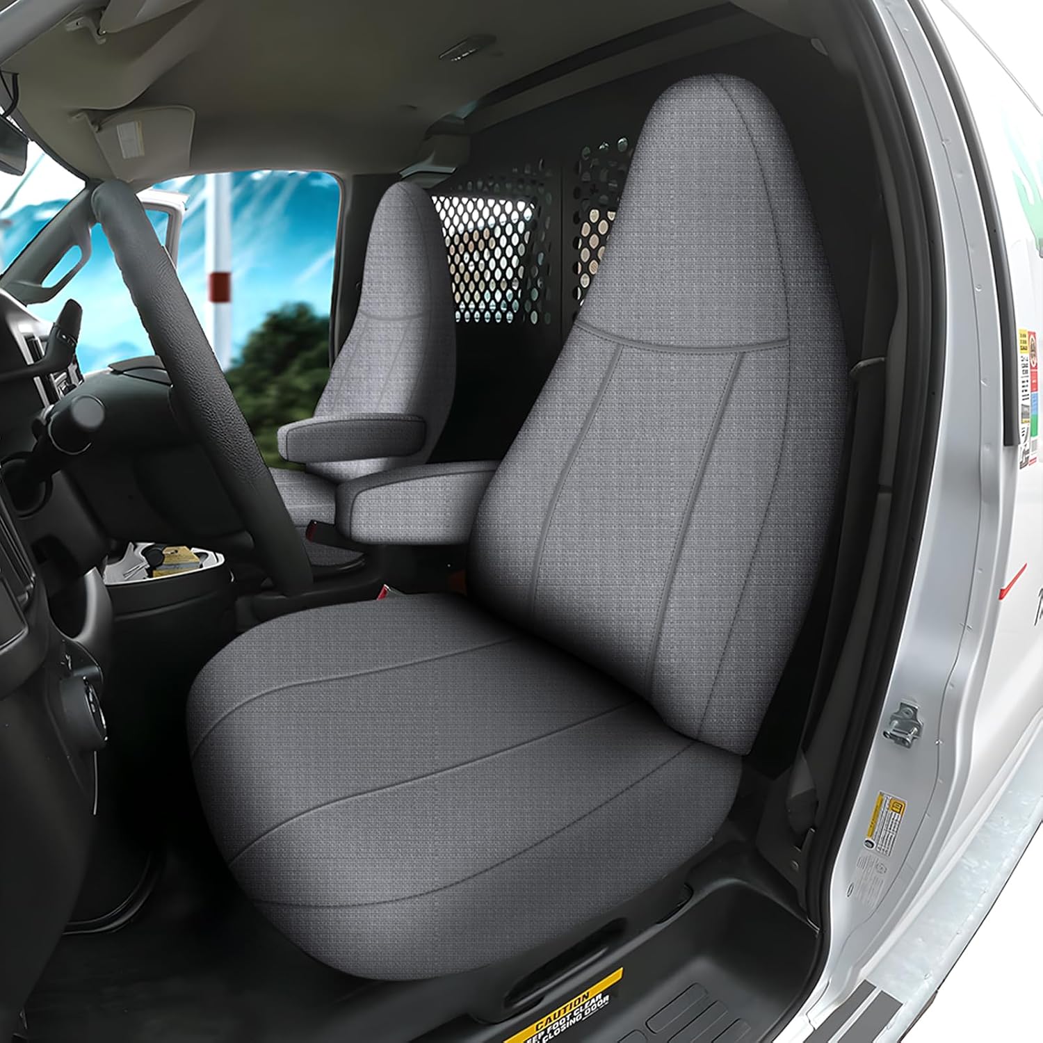 Front Seat Cover for 2010-2025 Chevy Express Front Bucket Seat with Opening for Grab Handle on Passenger Side Backrest, Custom-Fit Made in Gray Water Resistant 600D Fabric, Exact Fit