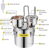 Vista 9 de VEVOR Alcohol Still 5GAL/20L, Destilador de alcohol con barril Thumper, kit de destilería para alcohol con tubo de cobre y termómetro integrado