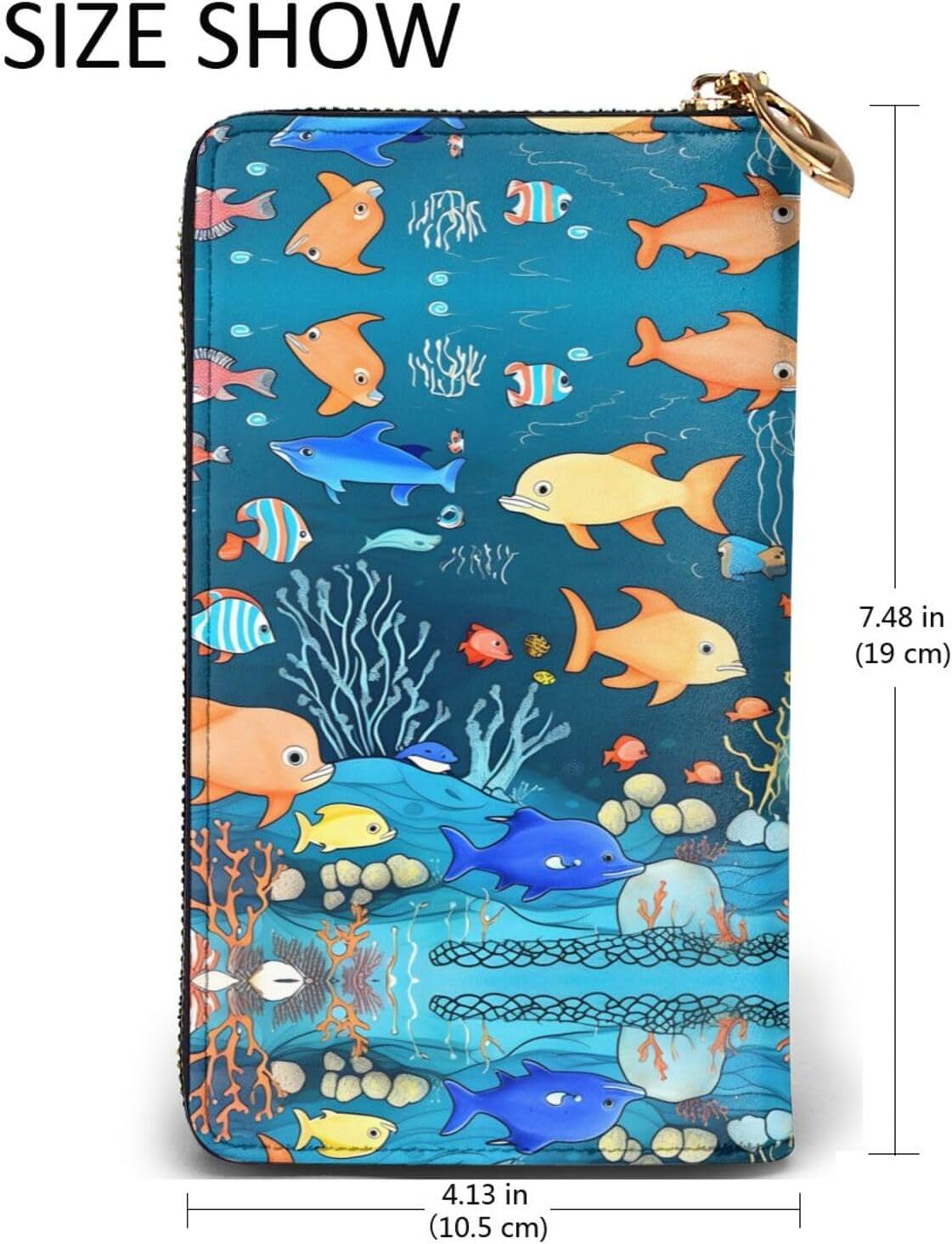 (7.5 * 4.1 inches) Long Clutch Bag, Blue underwater world of fish Zipper Leather Wallet with Multiple Compartments Large Capacity, a Good Gift for Friends
