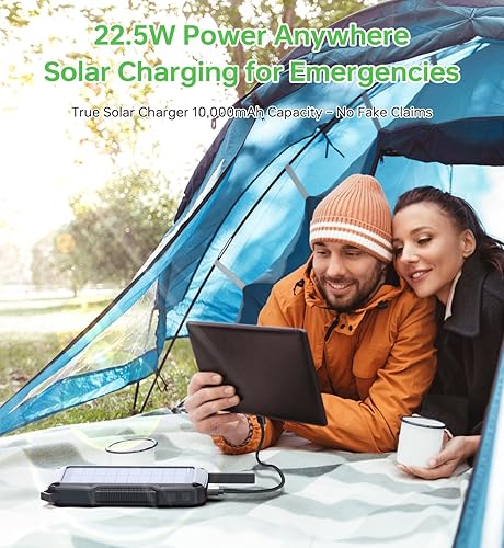 Miniatura 9 de Cargador solar de batería de 10000 mAh, con alarma de seguridad, carga rápida de 22.5 W, cargador de teléfono inalámbrico portátil, cables USB C,