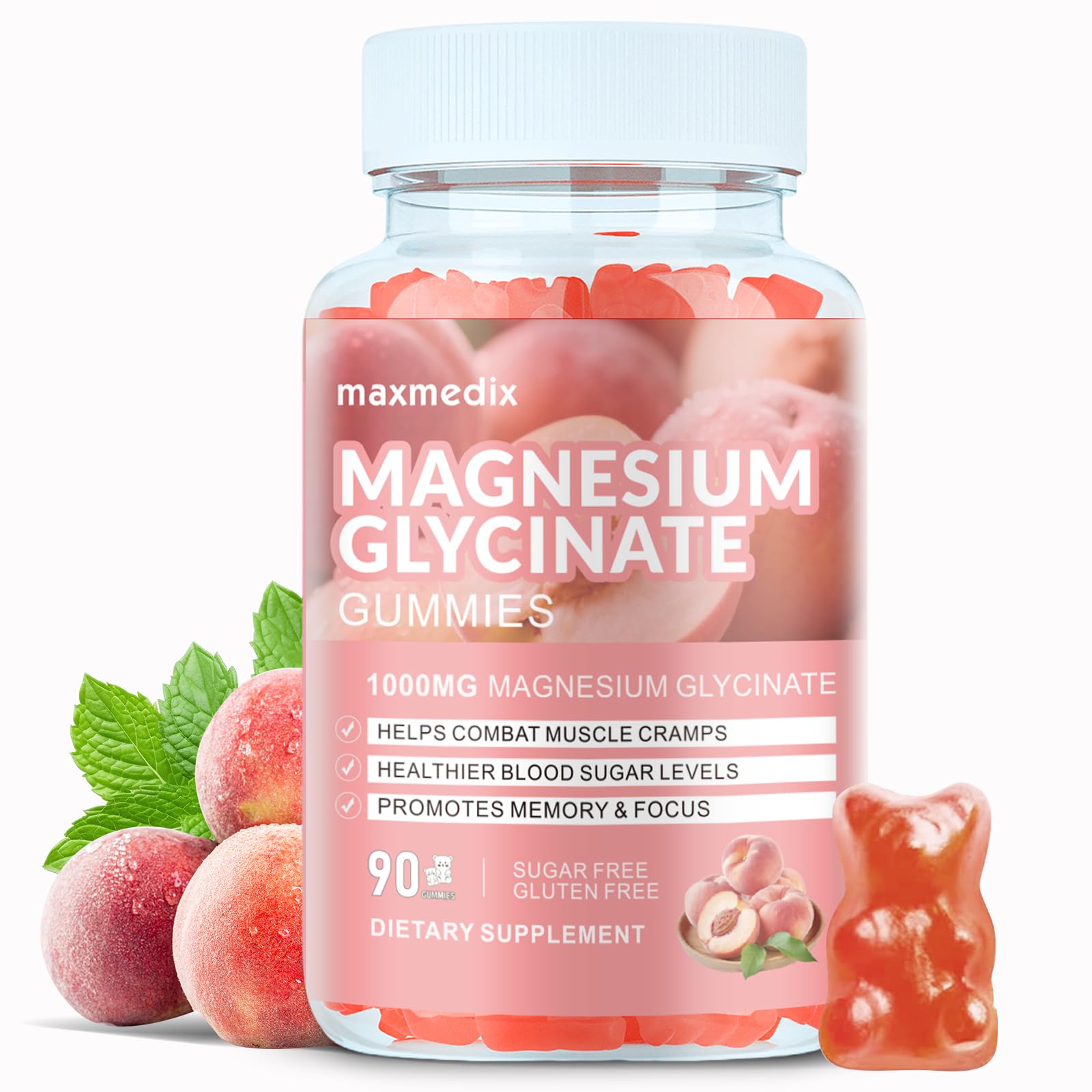 Magnesium Glycinate Gummies 1000mg, Sugar Free Magnesium Potassium Supplements Chewable for Adults with L-Threonate for Sleep, Body Support and Relaxation,90 Peach Gummies