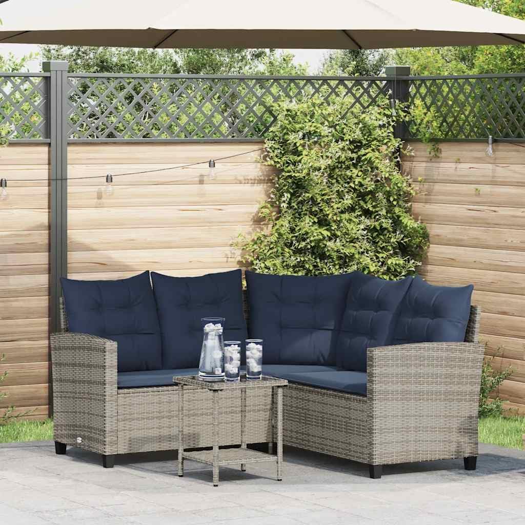 L Shaped Outdoor Patio Sectional Sofa 57.5"x57.5" Grey Rattan Couch with Navy Blue Cushions Tempered Glass Table for Garden Balcony Terrace Seating Up to 5