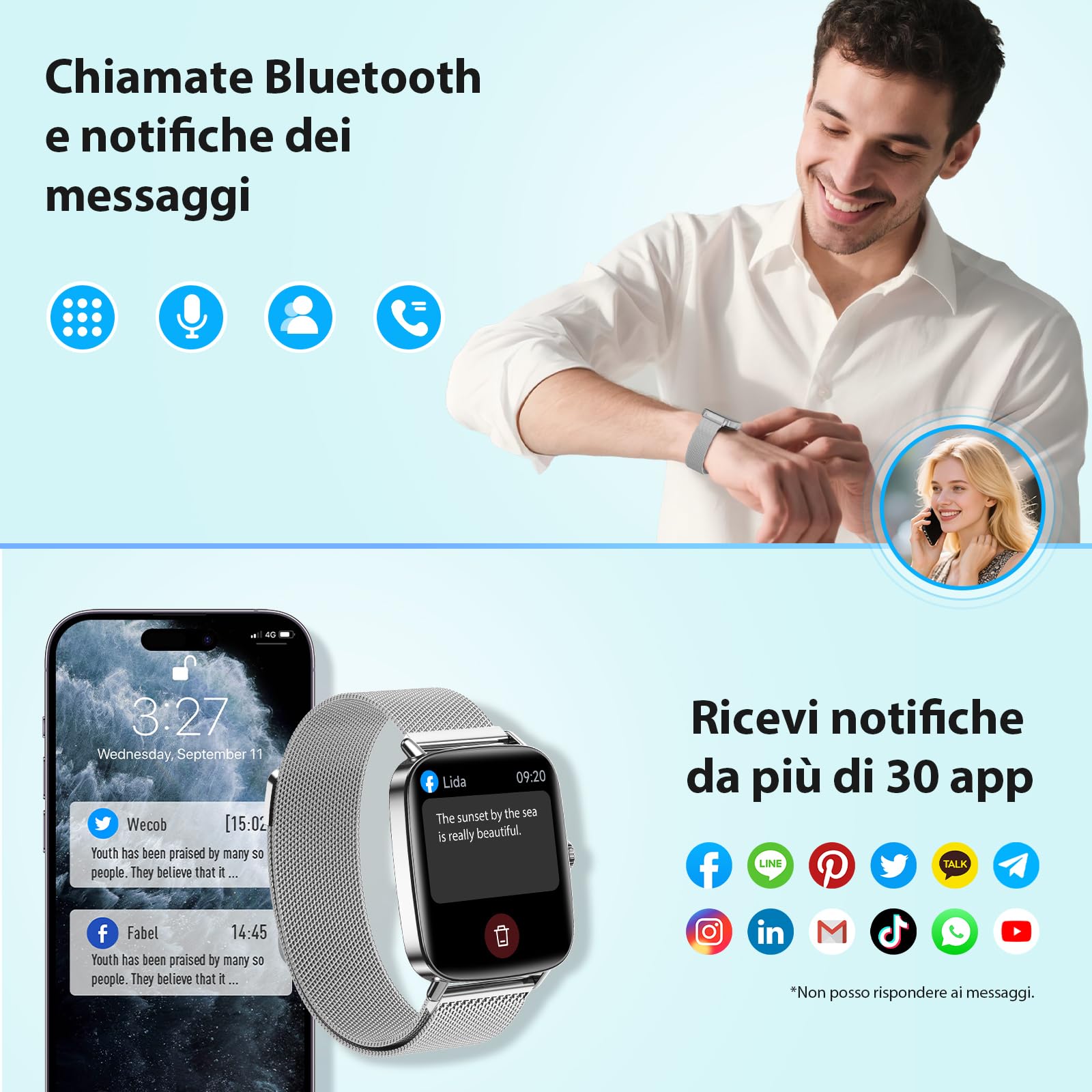 Smartwatch Uomo Donna, 1.85" Orologio Smartwatch con Chiamate e Notifiche WhatsApp, Fitness Tracker con Contapassi Sonno SpO2 Cardiofrequenzimetro, 110 Sportive, IP68 Watch per Android iOS Argento