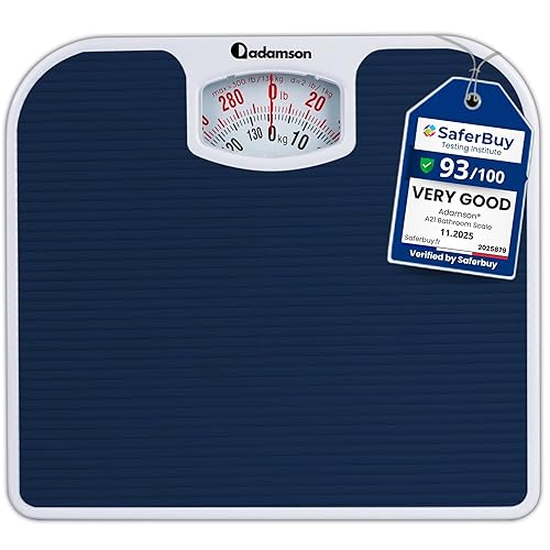 Adamson A21 Analog Scales for Body Weight - Up to 300 LB - New - Anti-Skid Rubber Surface + Large Numbers - Analog Bathroom Scale - Affordable - Durable with 20-Year Assurance - Blue