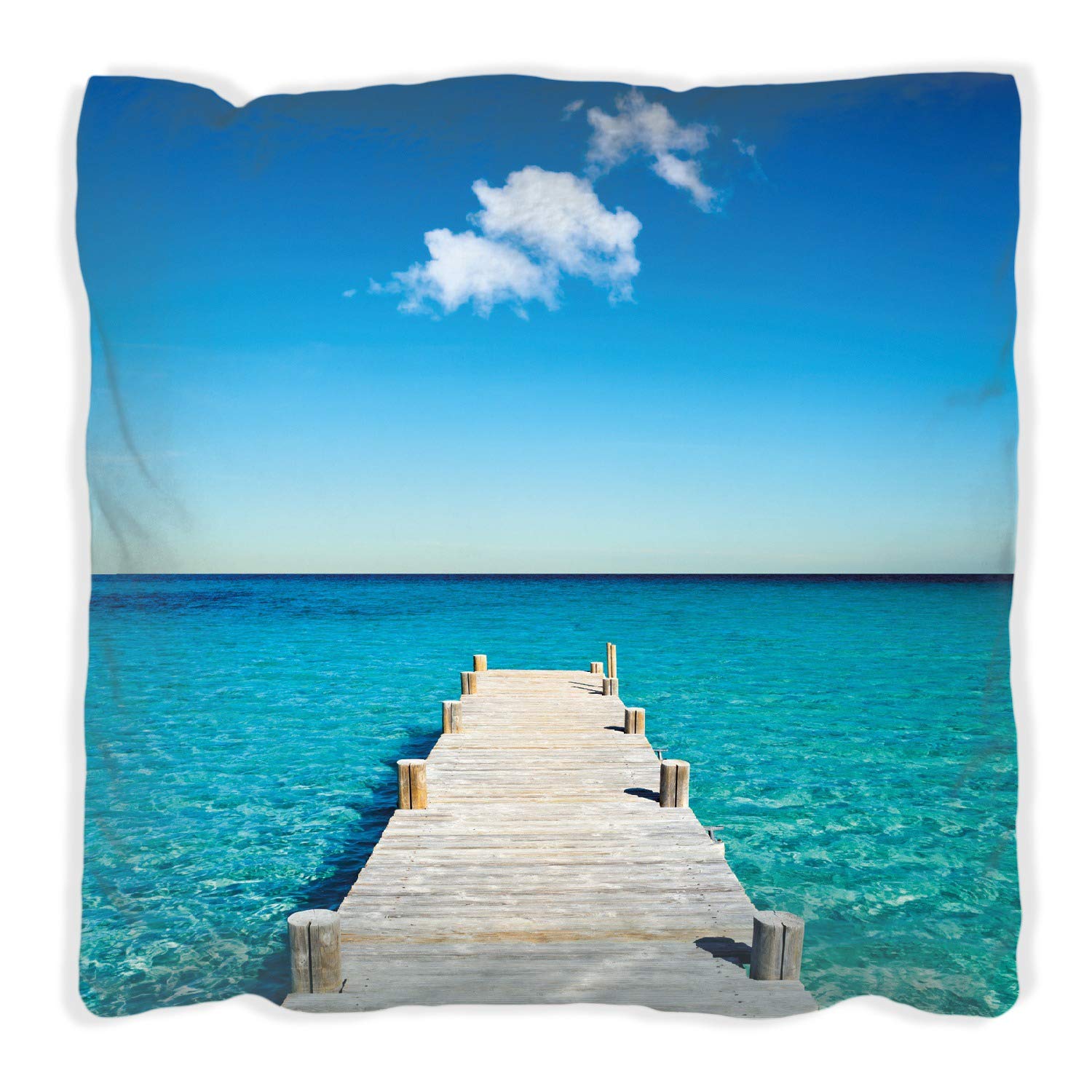 Wallario Dekokissen 40 x 40 cm, Steg am tropischen Meer, beidseitig Bedruckt, Kuschelkissen mit weicher Plüsch-Oberfläche
