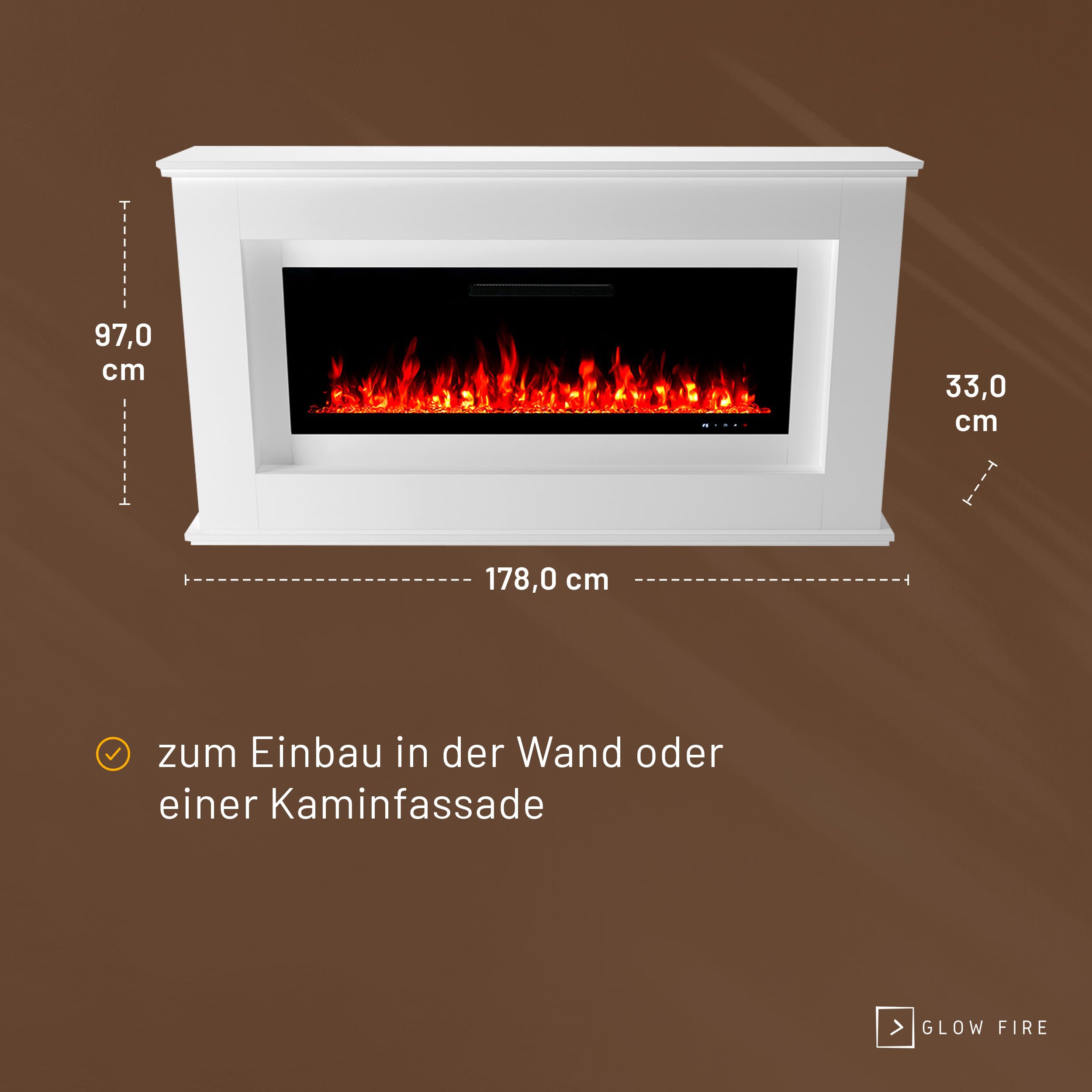 GLOW FIRE Kominek wolnostojący RHEA - Elektryczny z ogrzewaniem i płomieniem LED, 5 kolorów, grzałka, dekoracja, pilot - 178x97x33 cm, Biały