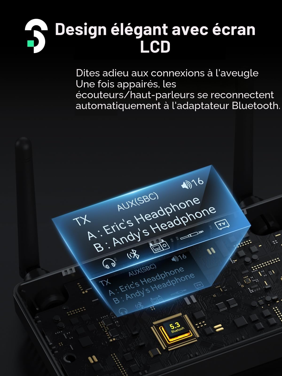 SOOMFON Emetteur Recepteur Bluetooth 5.3, 3 en 1 Adaptateur Bluetooth TV, Transmetteur Audio Bluetooth Double Connexion Longue Portée 30 m, Emetteur pour TV/Casques/Systèmes Audio etc