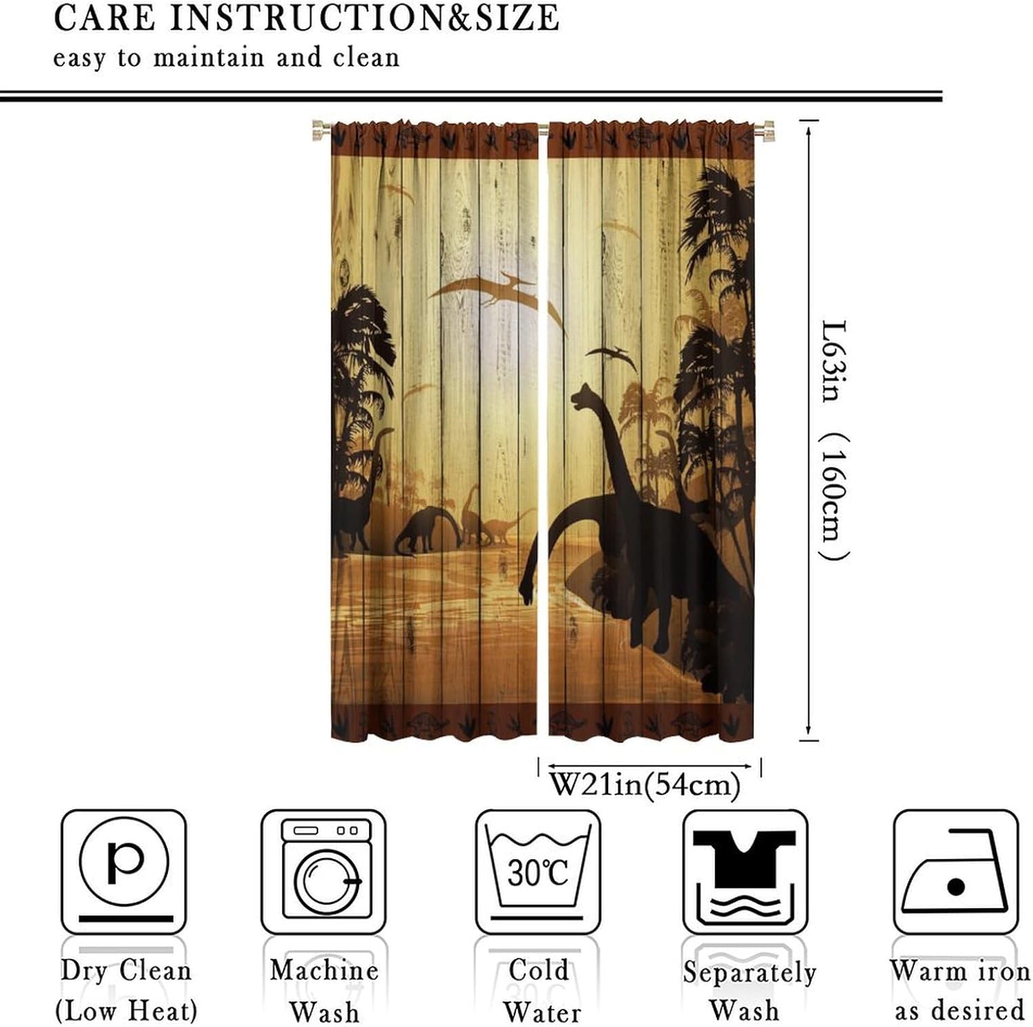 Brebasf Abstract Wood Board Dinosaur Blackout Rod Pocket Curtains,Watercolor Nature Landscape Tropical Jungle Dinosaur Silhouette Thermal Insulation Room Darkening Window Drapes 2 Panels 63"L x 21"W
