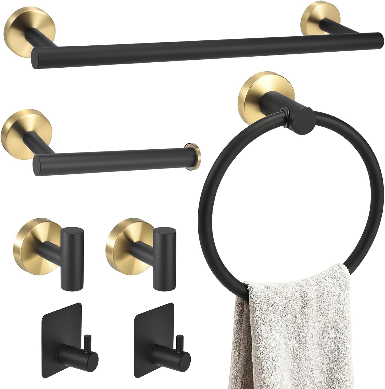 7 Pcs Bathroom Hardware Accessory Set, Stainless Steel Towel Racks for Bathroom, Black and Gold Bathroom Accessories，Modern Luxury Bathroom Towel Holder & Toilet Paper Holder 15.75"