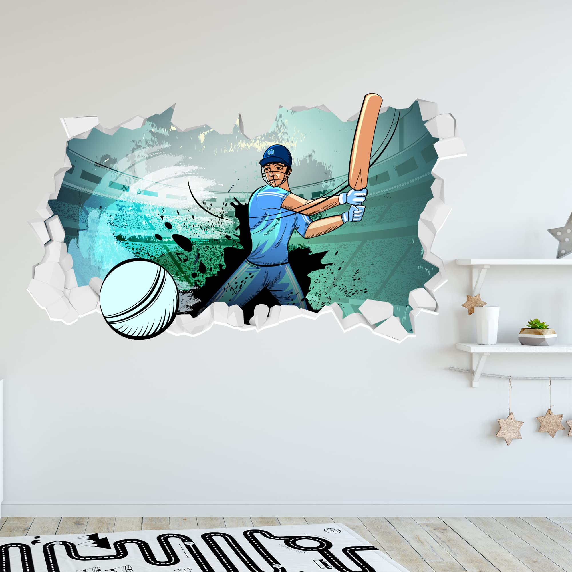 Themed White Cricket Wall Sticker - Player Hitting Ball Through Broken Wall Decal Sports Art (120Cm Width X 65Cm Height)