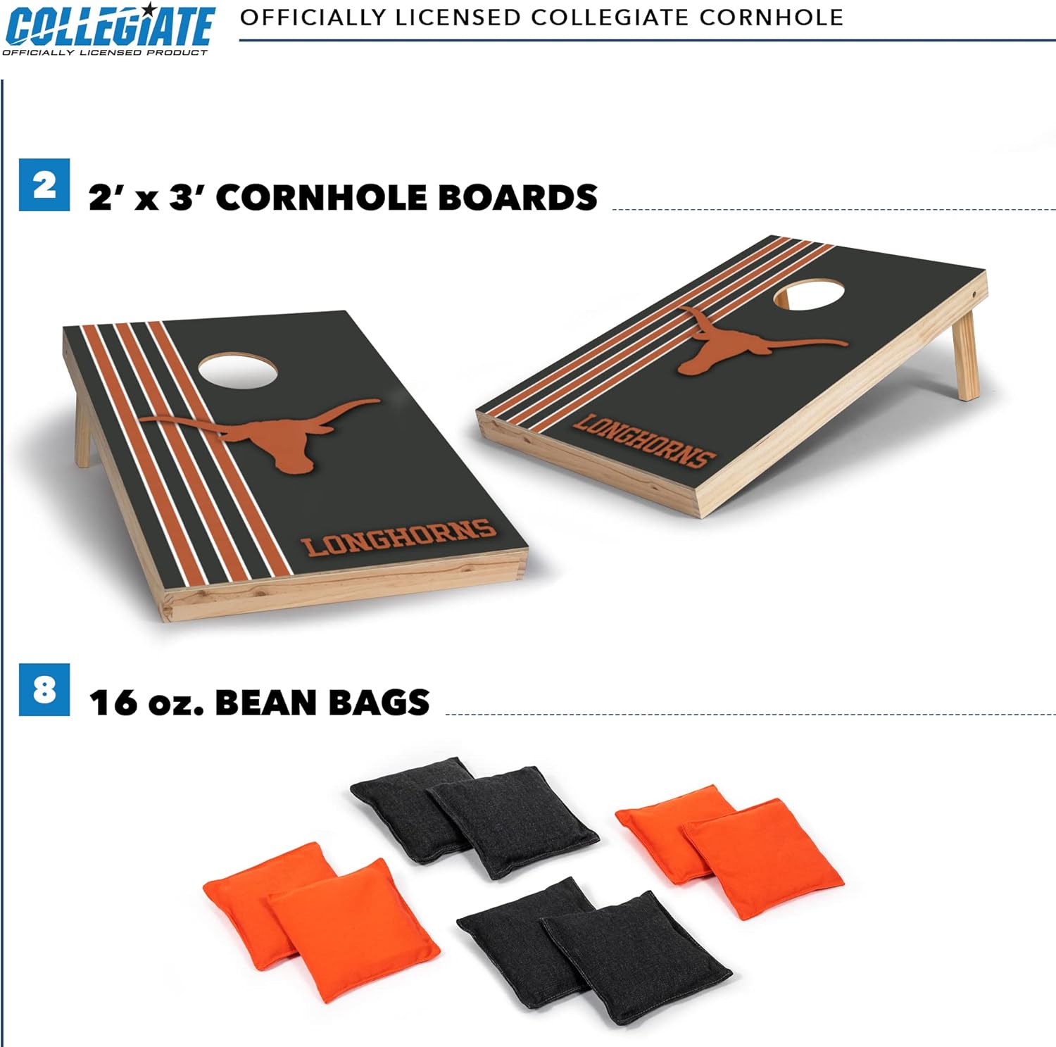 Wild Sports 2' x 3' Solid Wood Cornhole Set with Direct Print HD Team Graphics – Great Gift for Any NCAA Fan! Bean Bag Toss Family Outdoor Games – Texas Longhorns