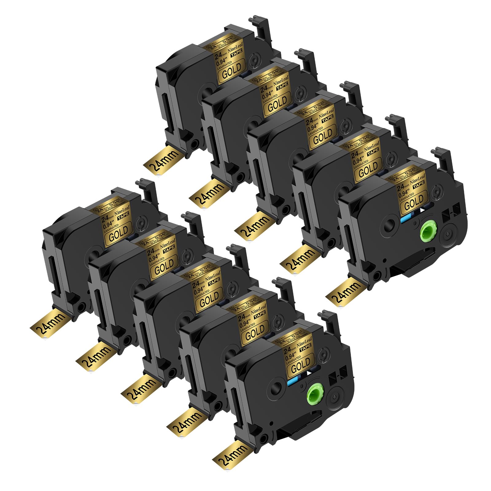 NineLeaf 10x TZe‑851 TZe TZ Etikettenband Kompatibel mit Brother P‑Touch TZe851 TZ‑851 AZe851 24 mm x 8 m Bänder Laminiertes Schwarz auf Gold Schriftband für Brother P touch PT‑P900 E800W P950NW