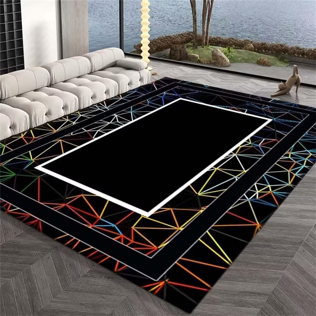 Tapis Noir Lavable à Lignes Multicolores et Design Géométrique pour Grand Salon