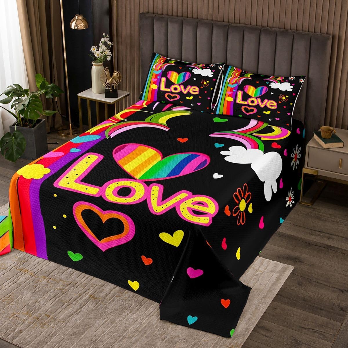 jejeloiu Rainbow Bedspread Twin Size Colorful Stripes Coverlet Set Love is Love Quilted Coverlet for All Season with 1 Pillowcase Multicolor Microfiber Lightweight