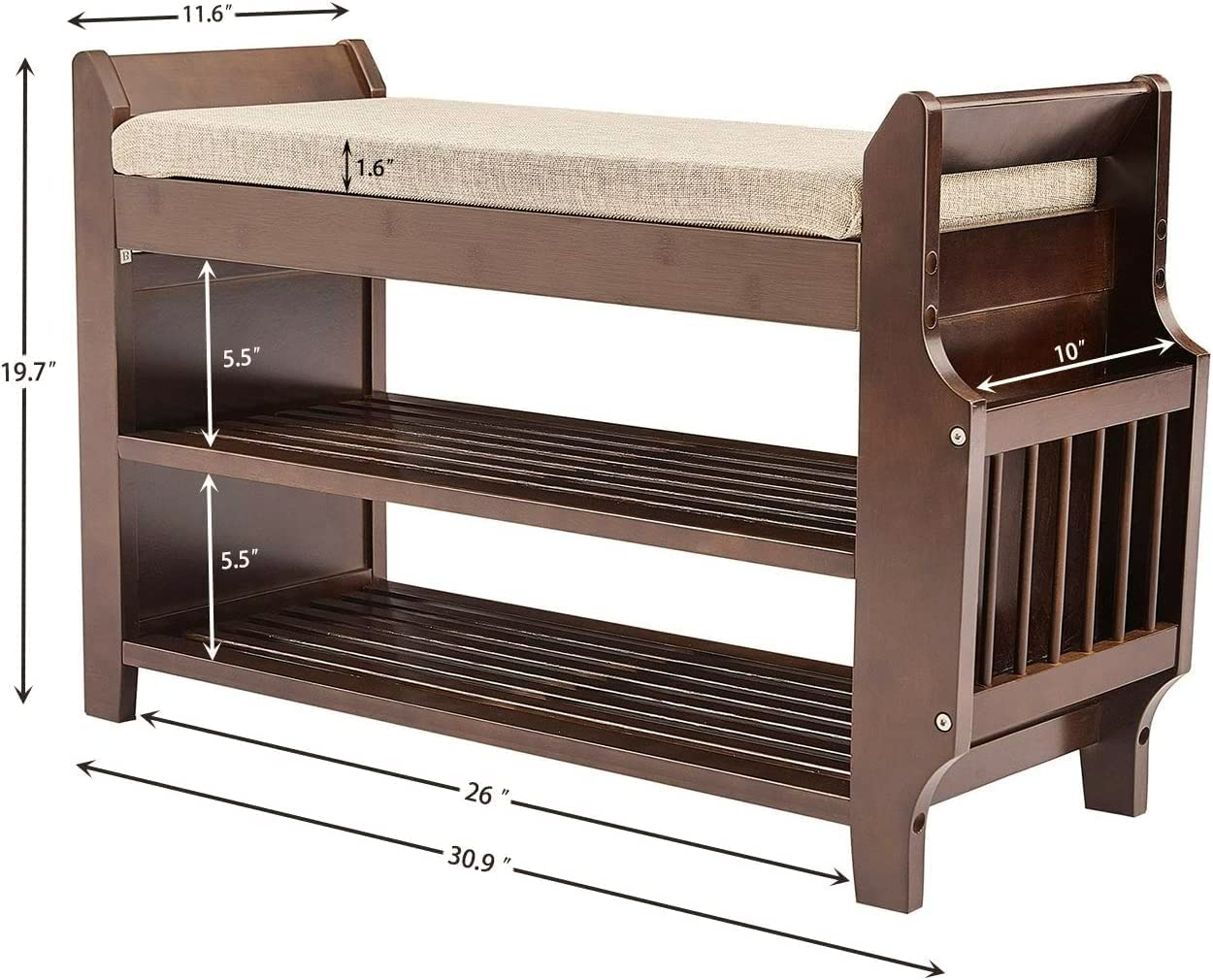 SHAYAR ART Sheesham Wood Shoe Rack Sitting Bench with Removable Cushion | 3 Tier Entryway Shoe Storage Organizer Shelf with Side Pocket Storage for Hallway, Living Room Office (Walnut Finish) 1